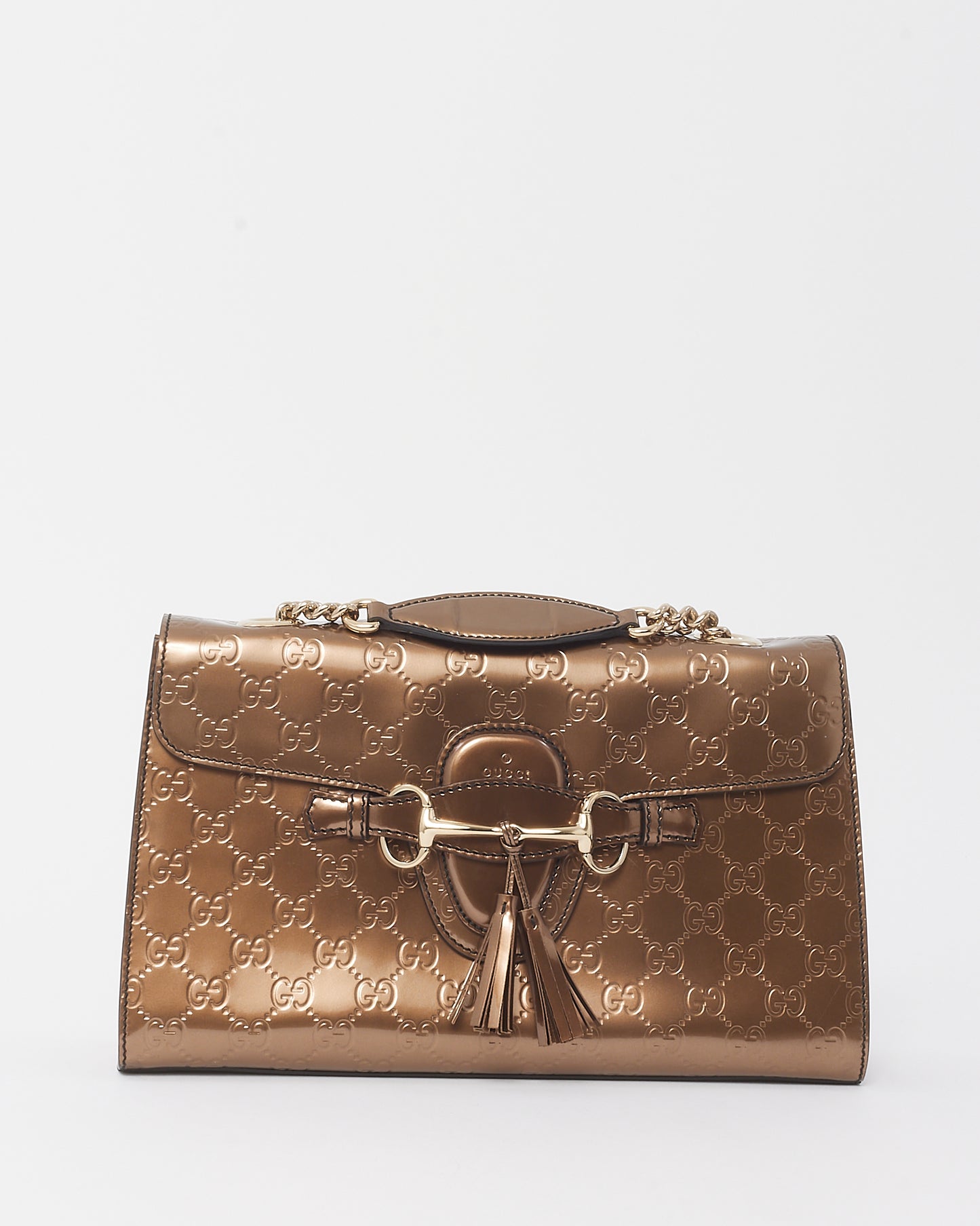 Gucci Iridescent Brown Monogram Signature GG Patent Leather Medium Emily Shoulder Bag