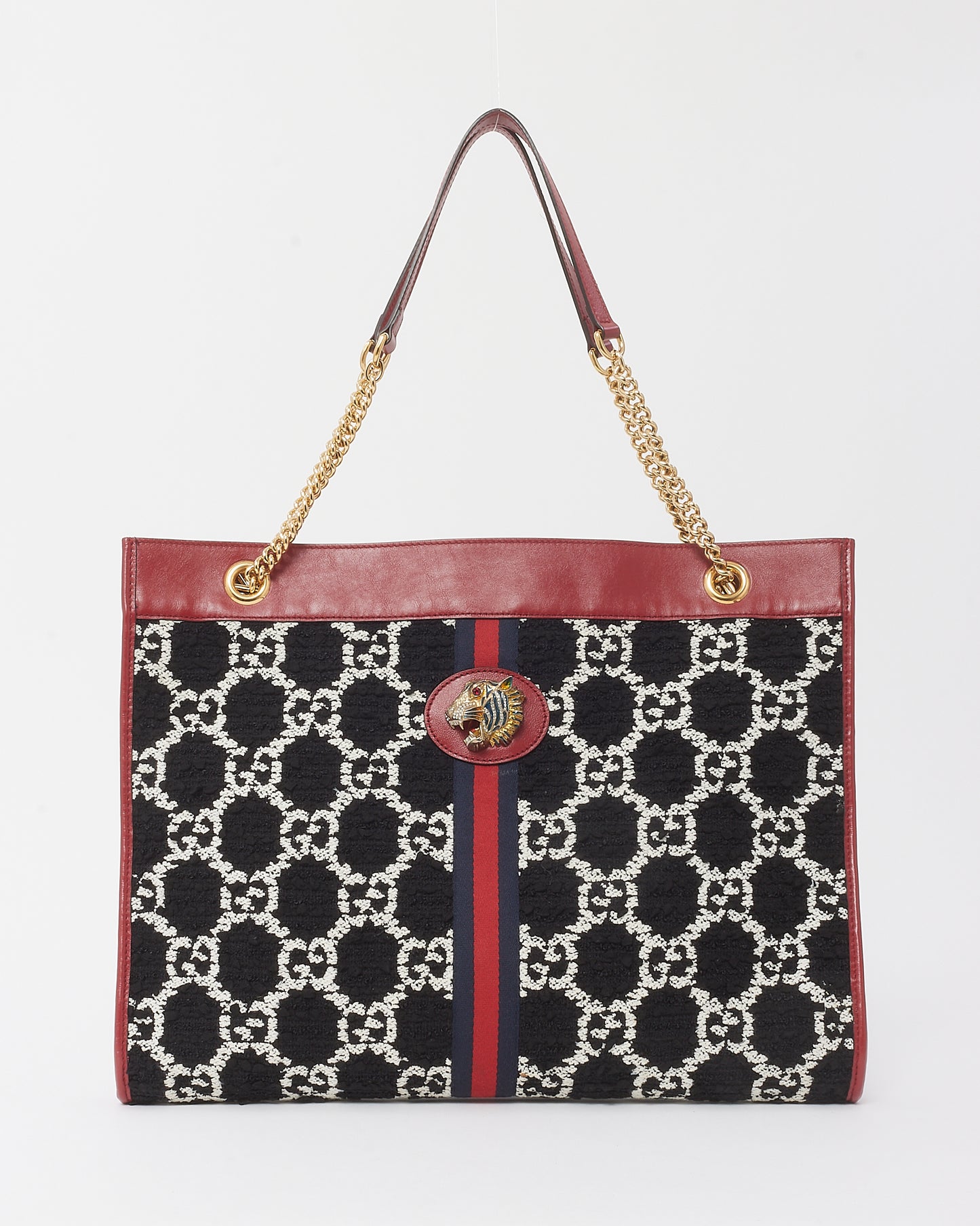 Gucci Red Leather and Black GG Tweed Large Linea Rajah Tote Bag