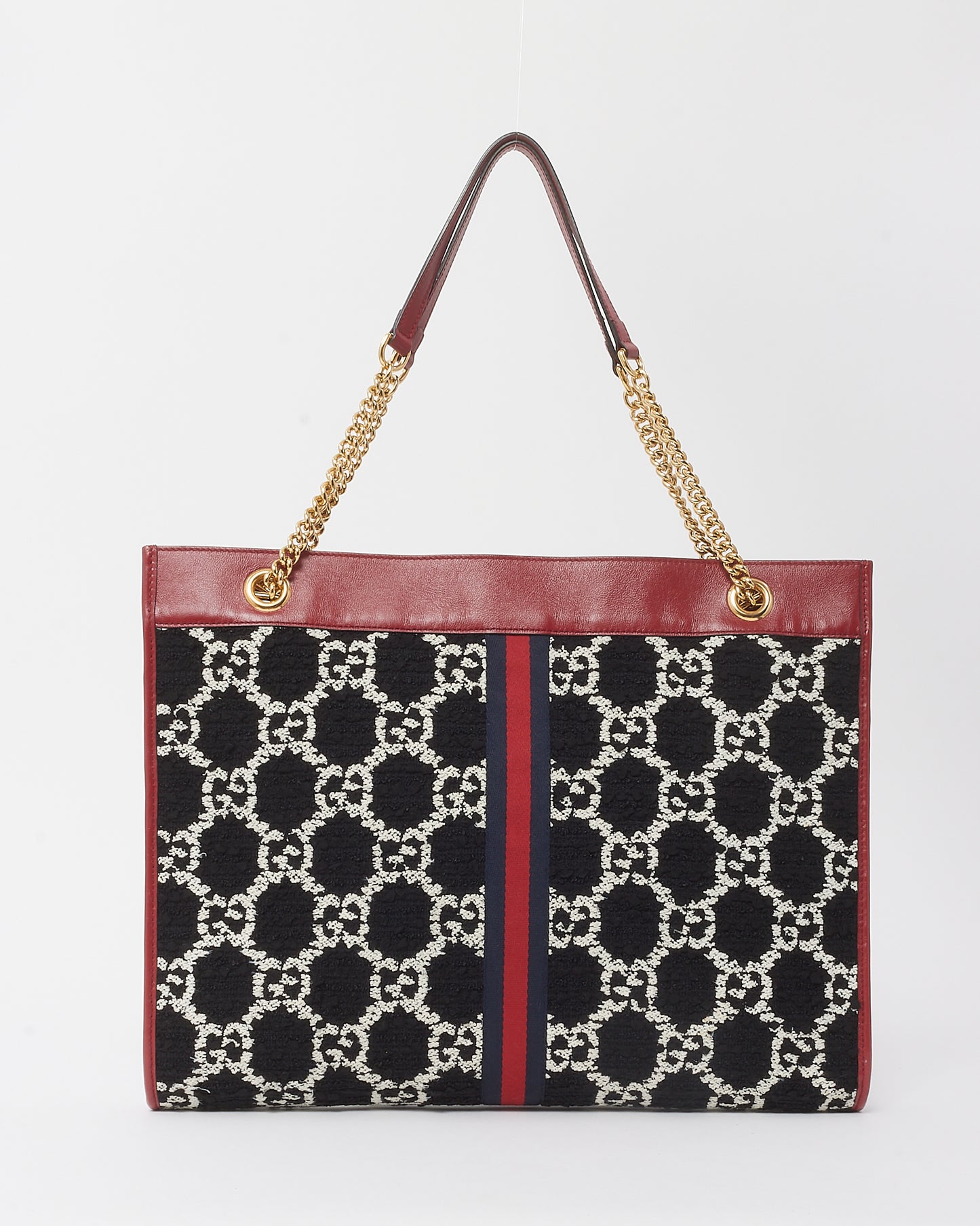 Gucci Red Leather and Black GG Tweed Large Linea Rajah Tote Bag