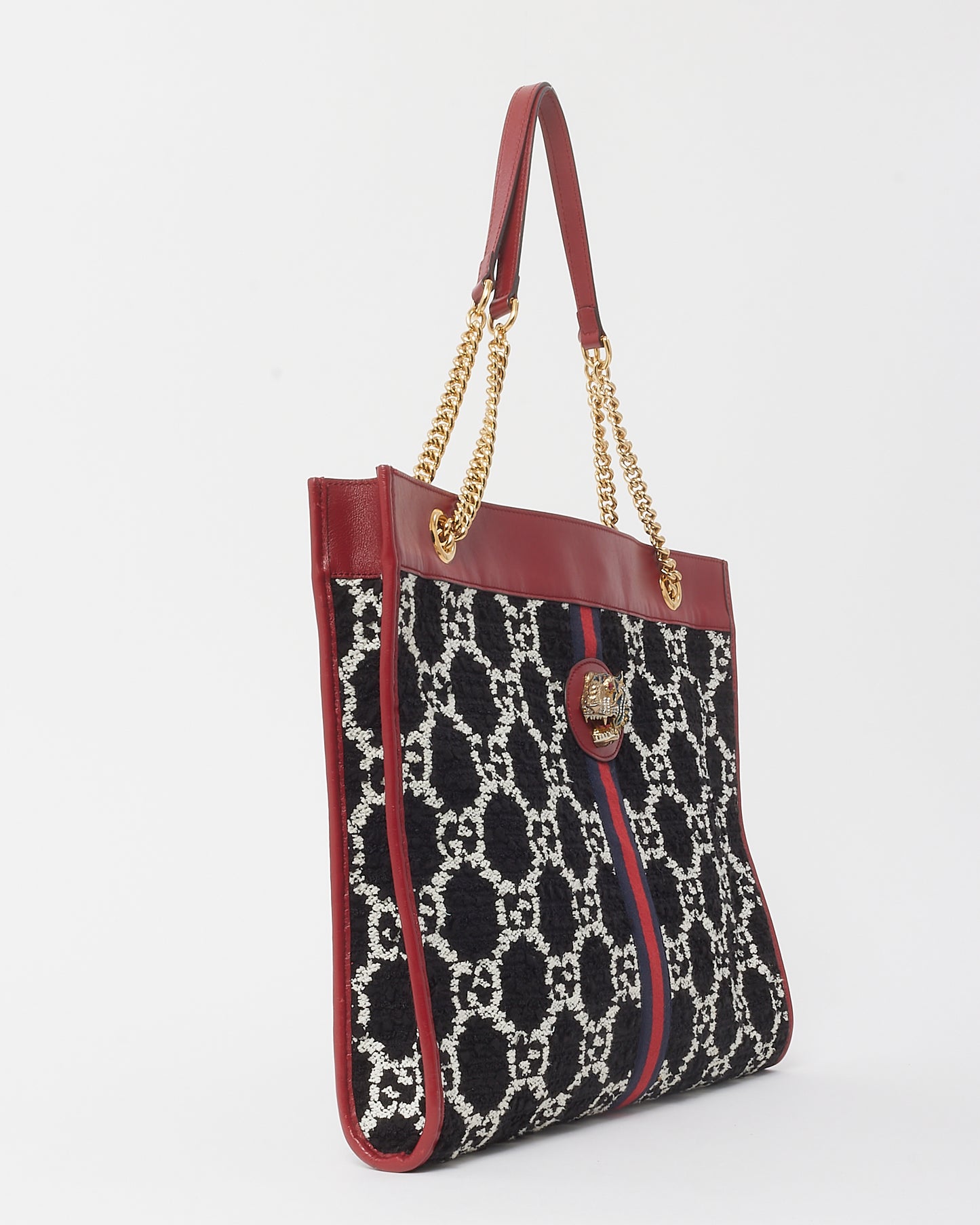 Gucci Red Leather and Black GG Tweed Large Linea Rajah Tote Bag