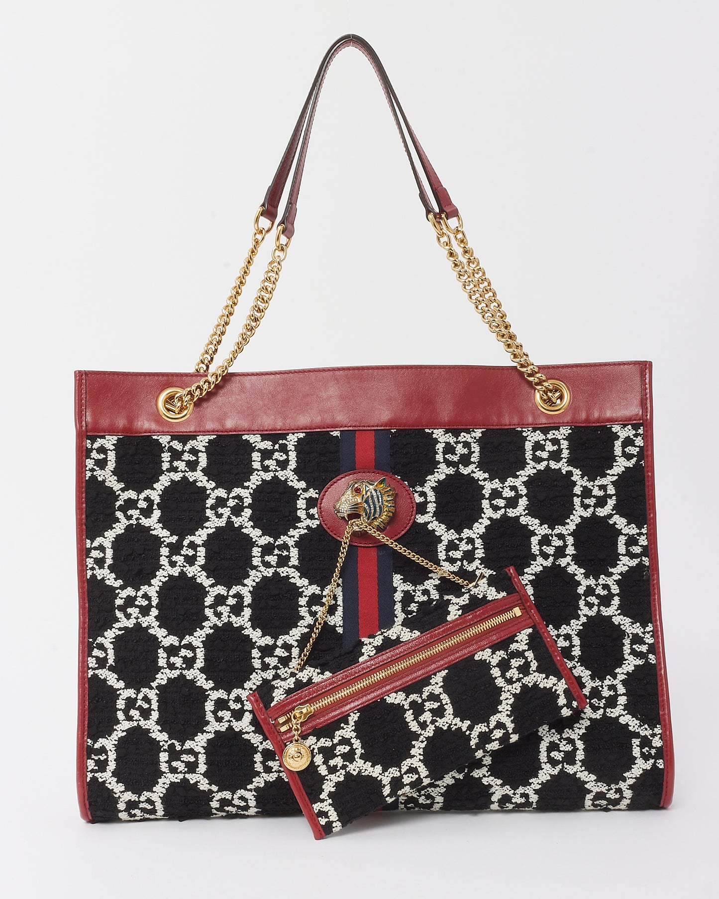 Gucci Red Leather and Black GG Tweed Large Linea Rajah Tote Bag