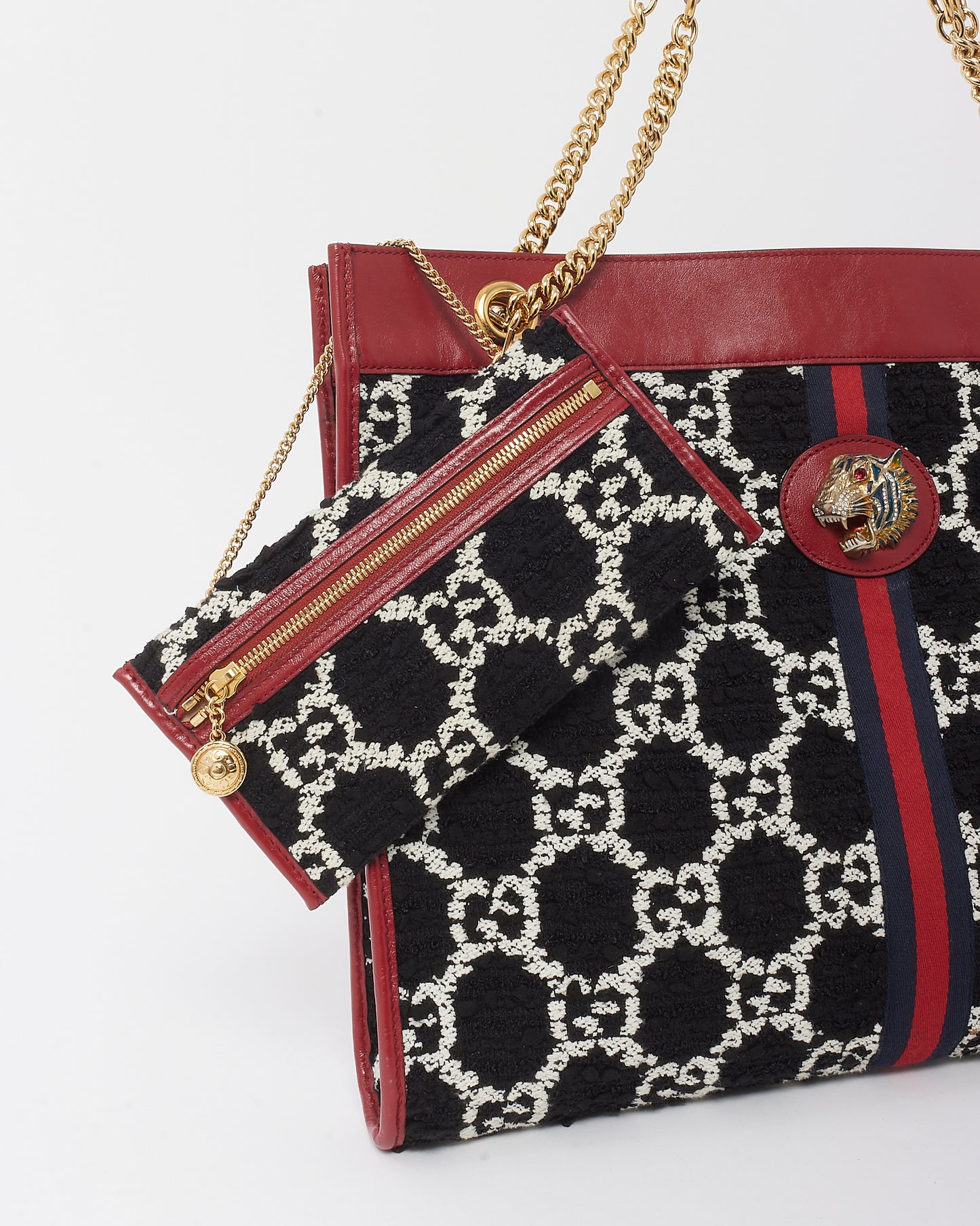 Gucci Red Leather and Black GG Tweed Large Linea Rajah Tote Bag