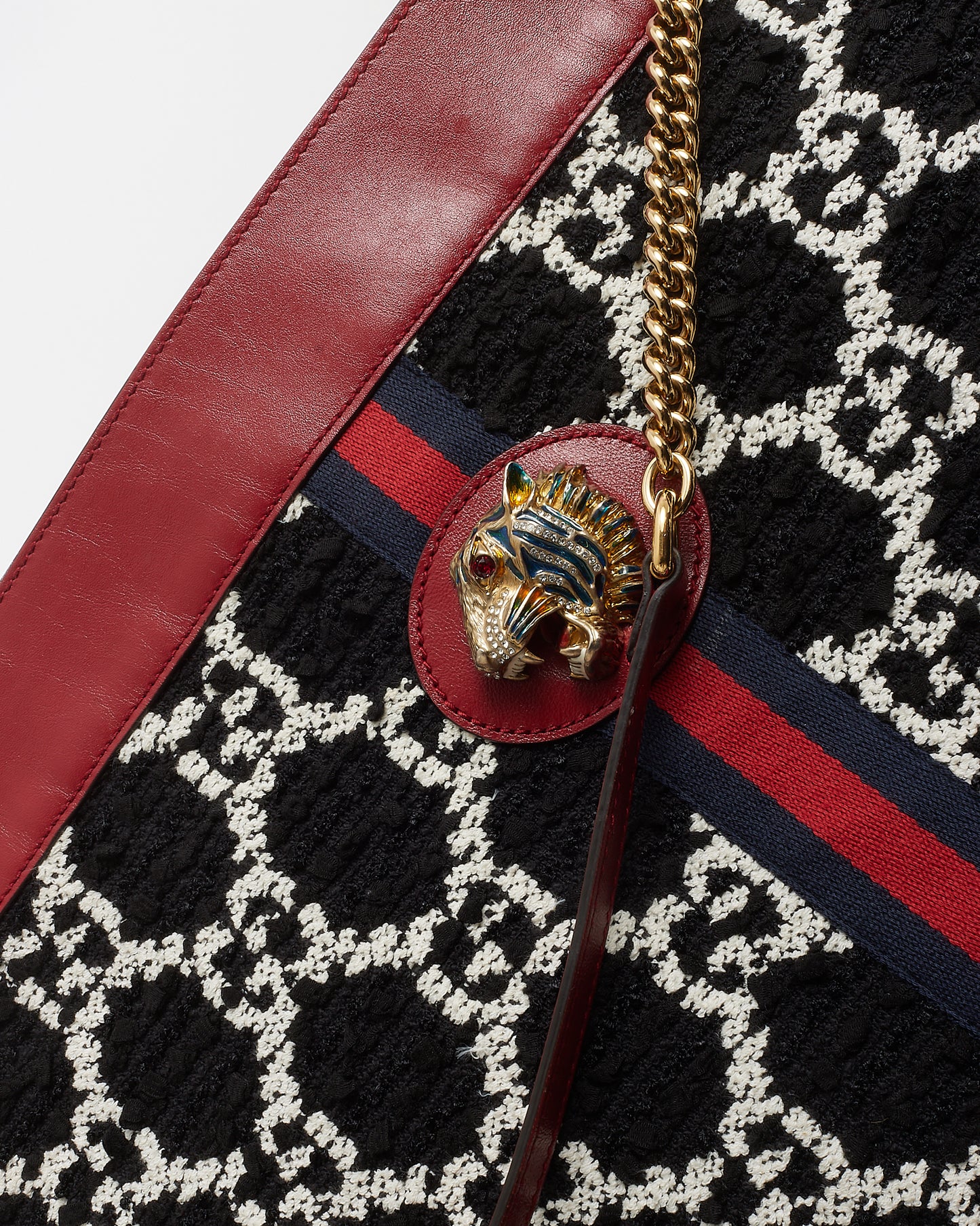 Gucci Red Leather and Black GG Tweed Large Linea Rajah Tote Bag