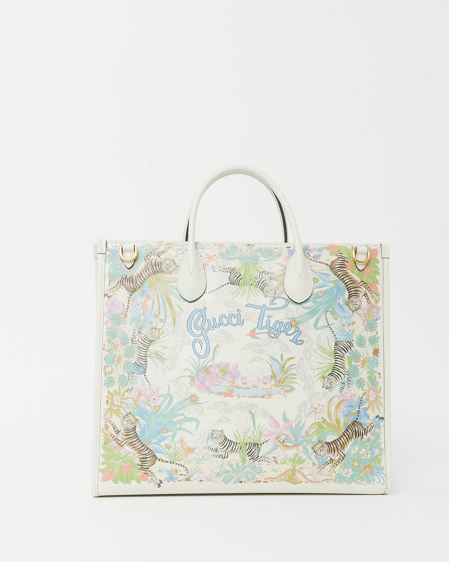 Gucci White/Blue/Multi Coated Canvas Medium Tiger Tote with Strap