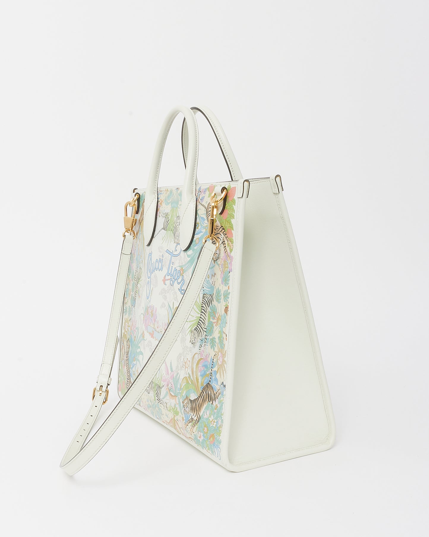 Gucci White/Blue/Multi Coated Canvas Medium Tiger Tote with Strap