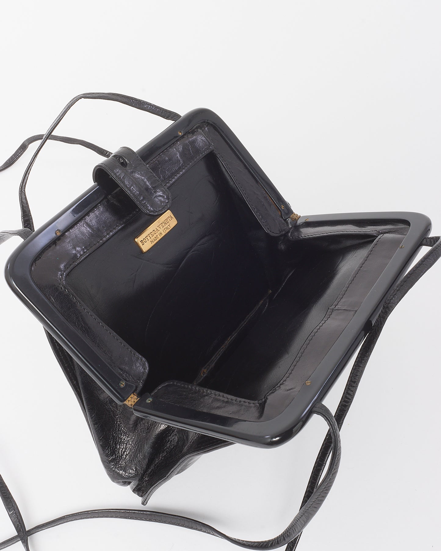 Bottega Veneta Vintage Black Glazed Calfskin Kiss Lock Crossbody Bag