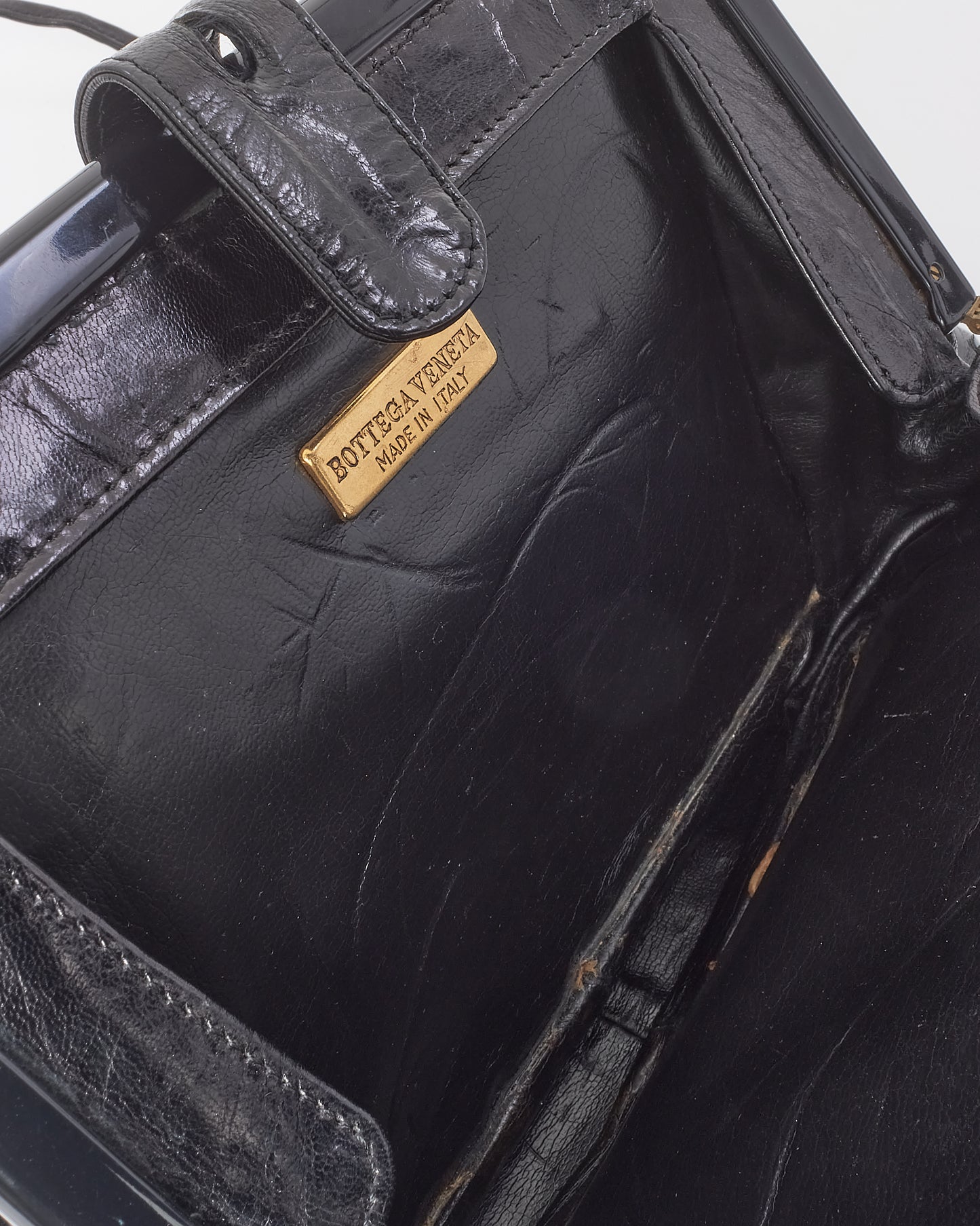 Bottega Veneta Vintage Black Glazed Calfskin Kiss Lock Crossbody Bag