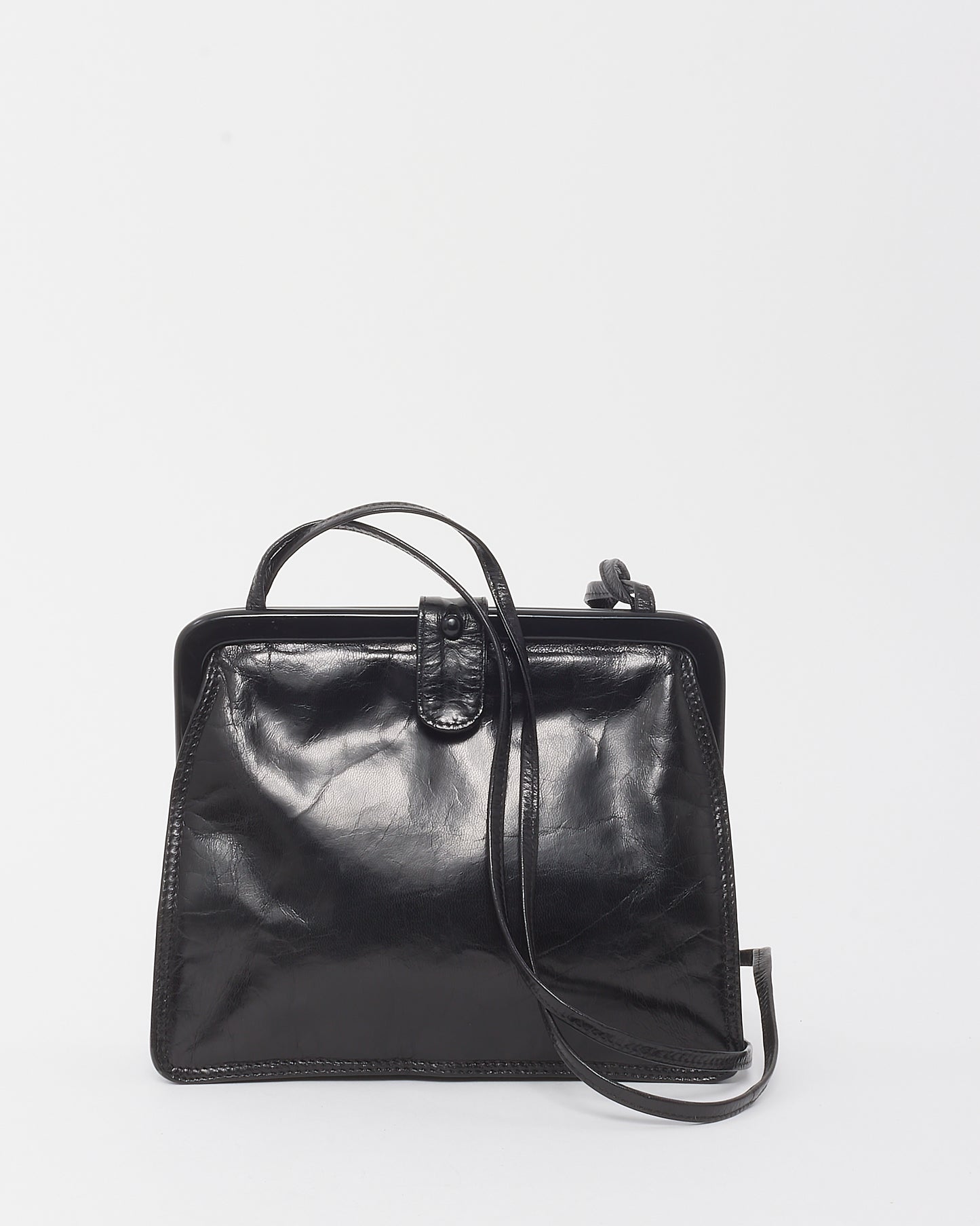 Bottega Veneta Vintage Black Glazed Calfskin Kiss Lock Crossbody Bag