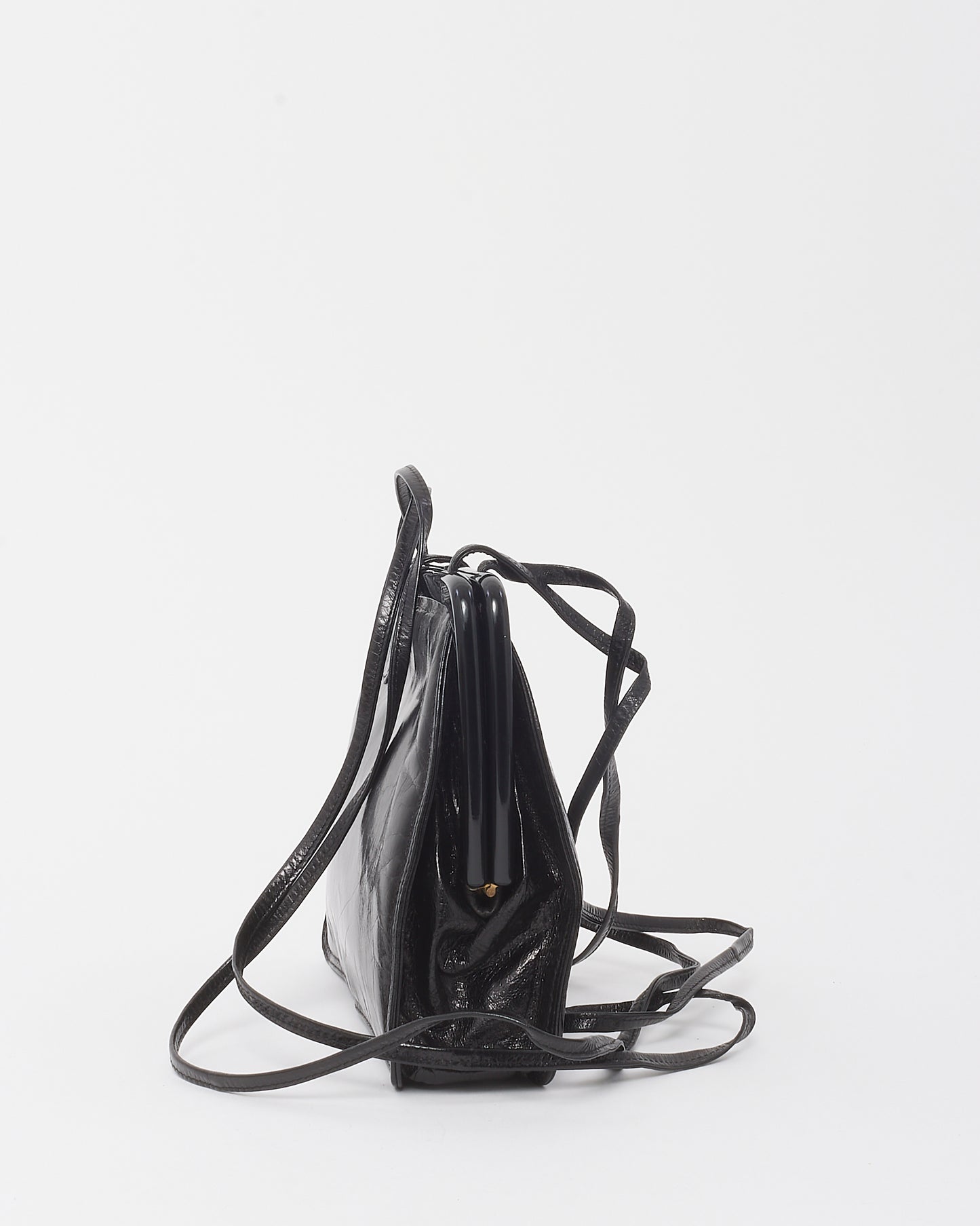 Bottega Veneta Vintage Black Glazed Calfskin Kiss Lock Crossbody Bag