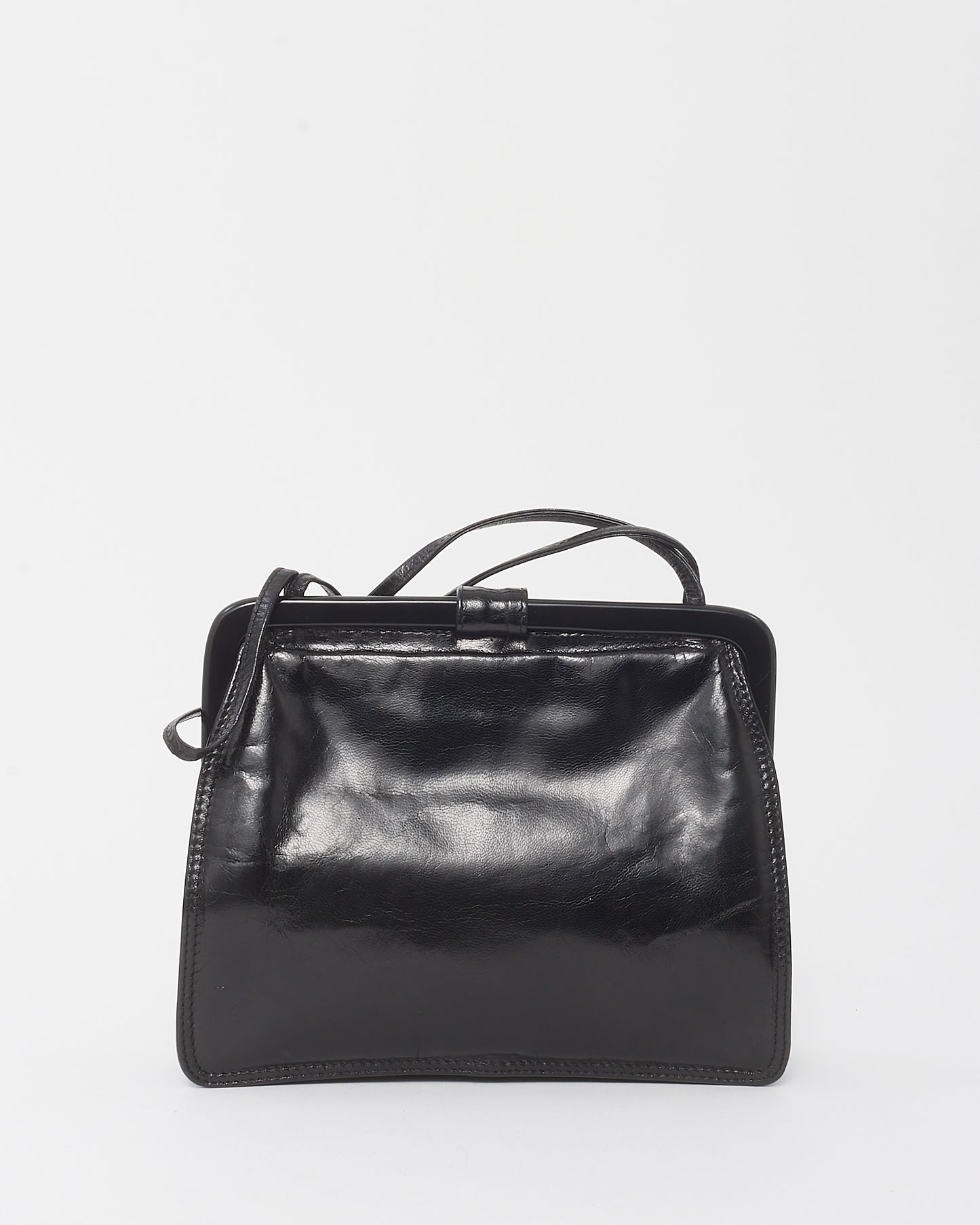 Bottega Veneta Vintage Black Glazed Calfskin Kiss Lock Crossbody Bag