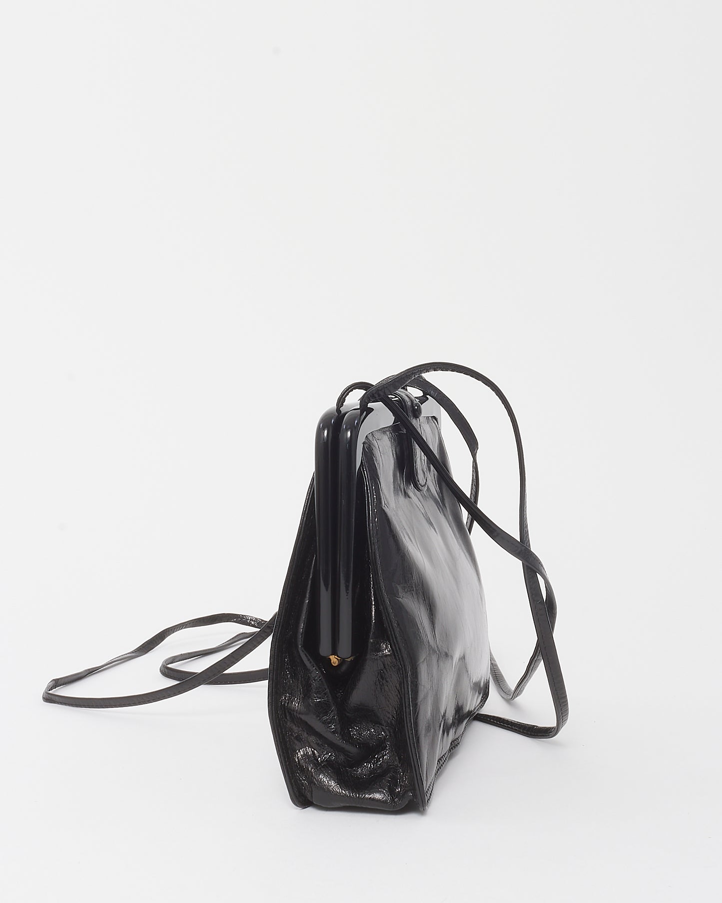 Bottega Veneta Vintage Black Glazed Calfskin Kiss Lock Crossbody Bag