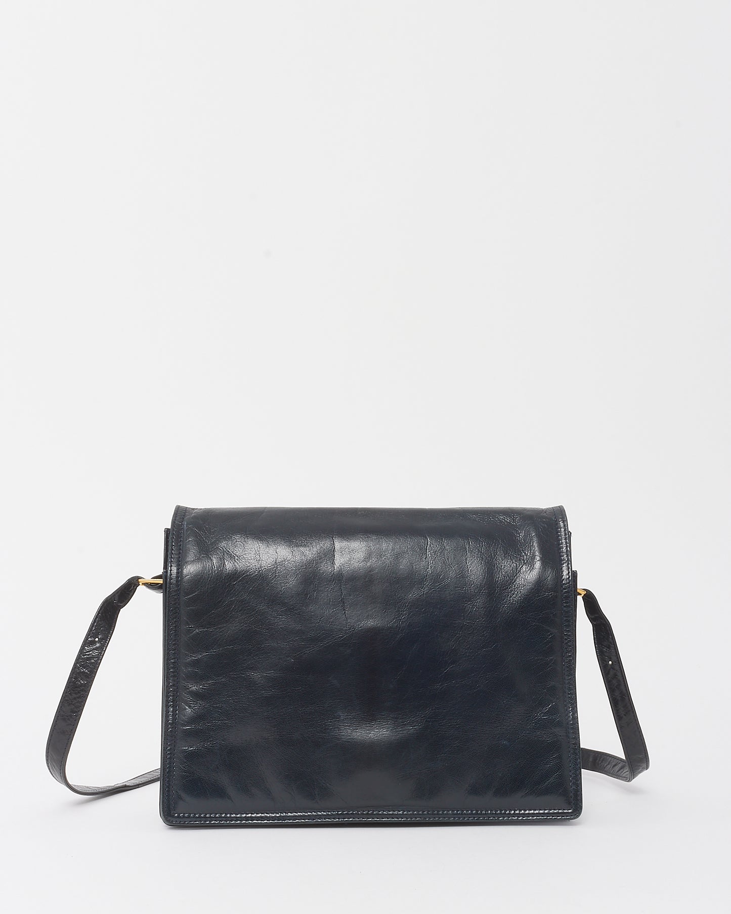 Bottega Veneta Vintage Black Glazed Calfskin Flap Crossbody Bag