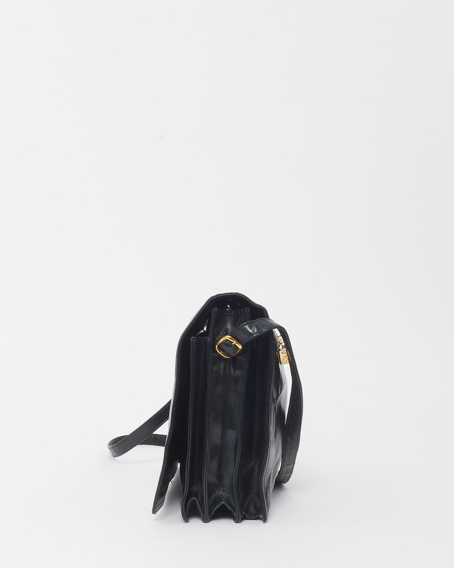 Bottega Veneta Vintage Black Glazed Calfskin Flap Crossbody Bag