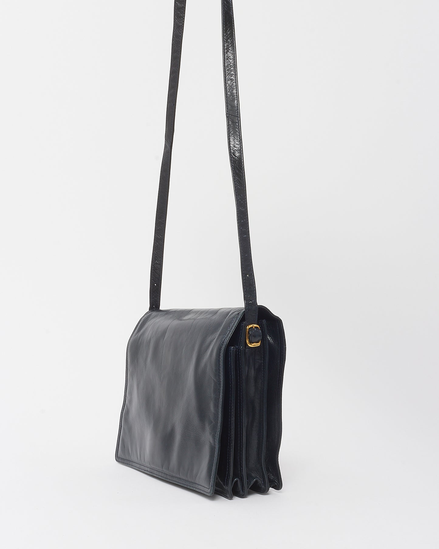 Bottega Veneta Vintage Black Glazed Calfskin Flap Crossbody Bag