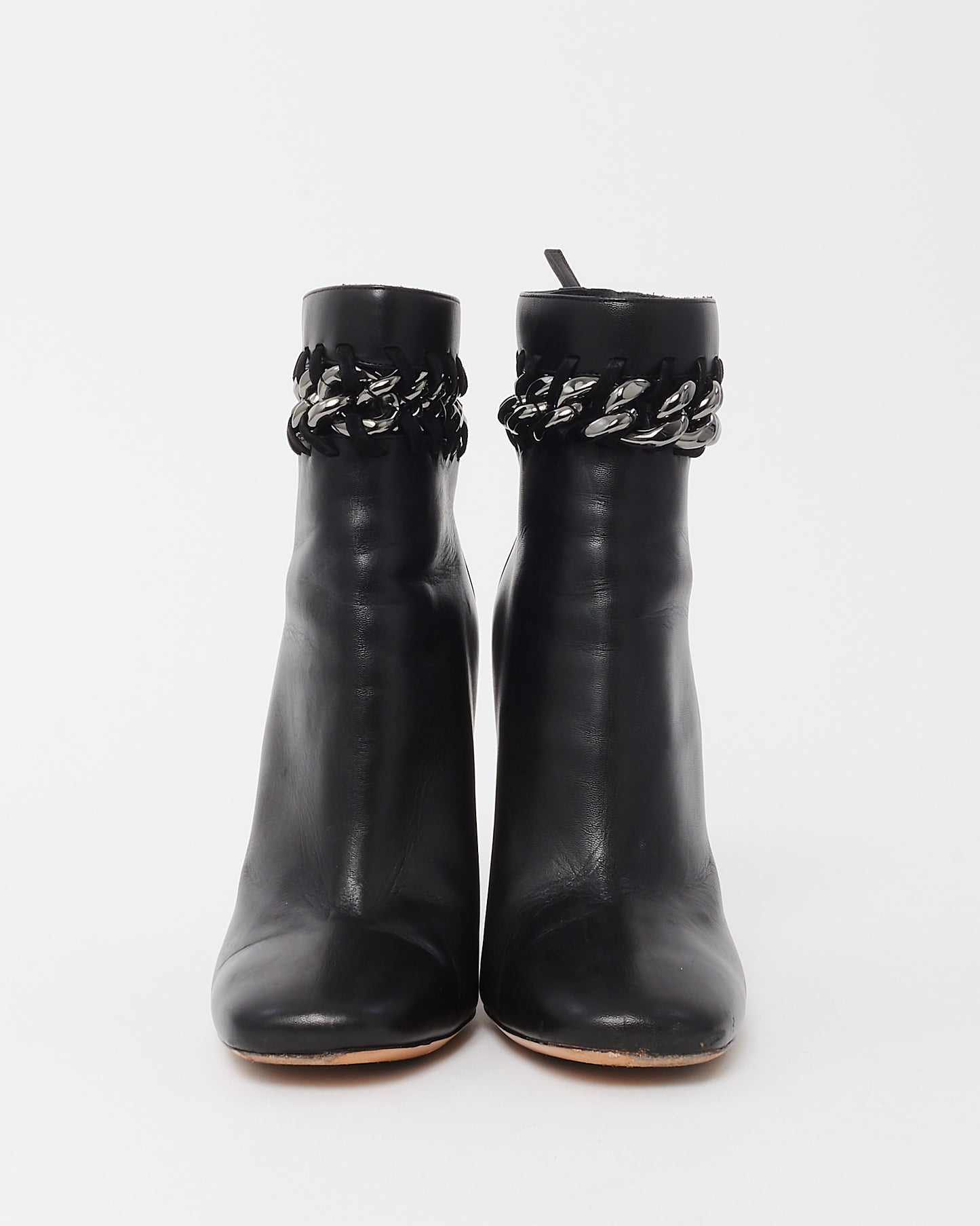 Valentino Black Leather Chain Link Embellished Block Heel Ankle Boots - 40