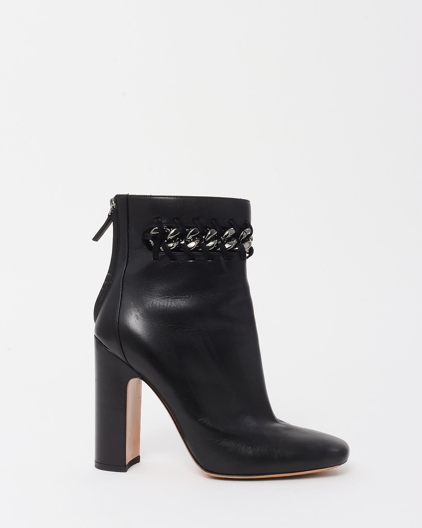 Valentino Black Leather Chain Link Embellished Block Heel Ankle Boots - 40