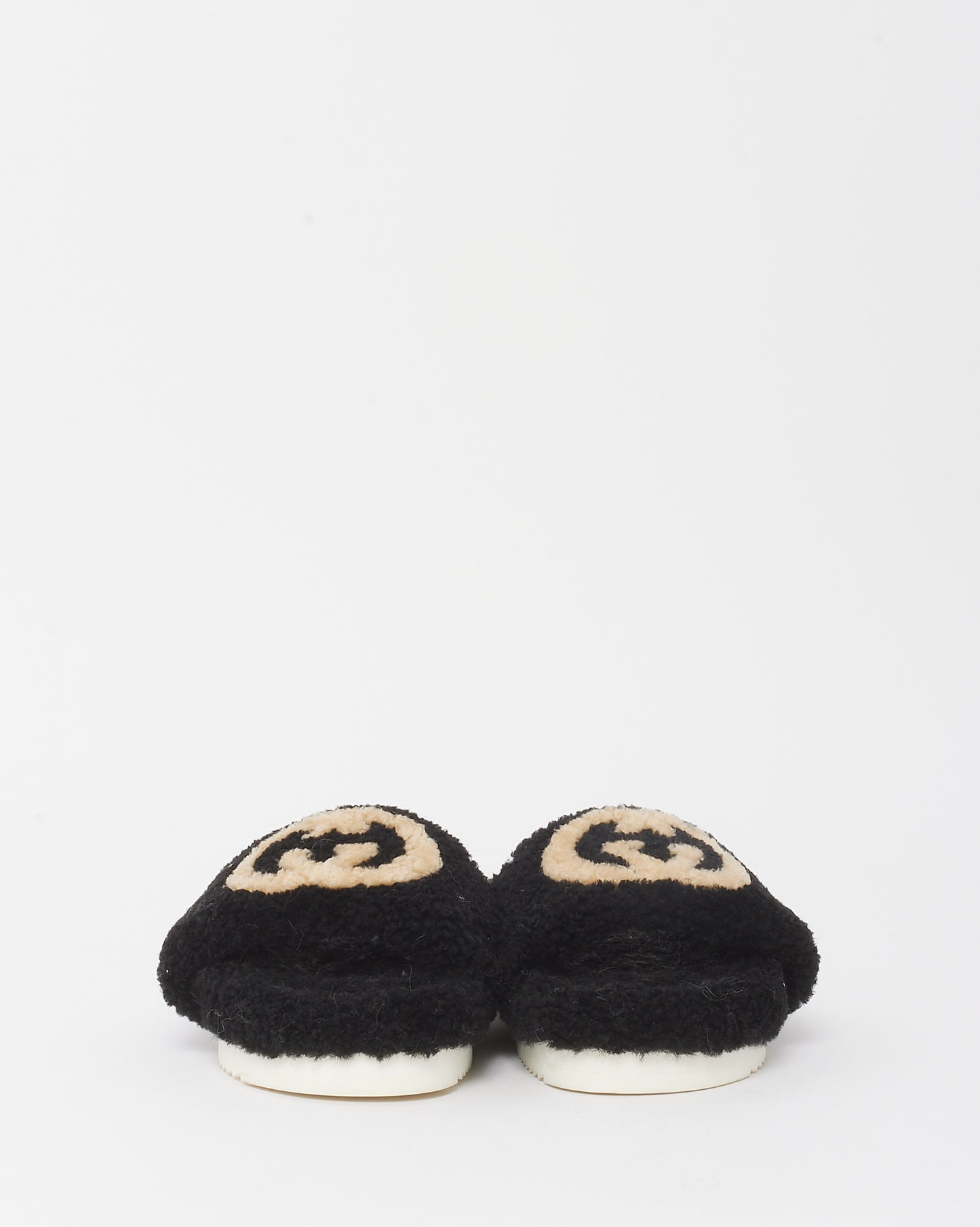 Gucci Black and White Logo Teddy Shearling Eileen Slide Sandals - 39