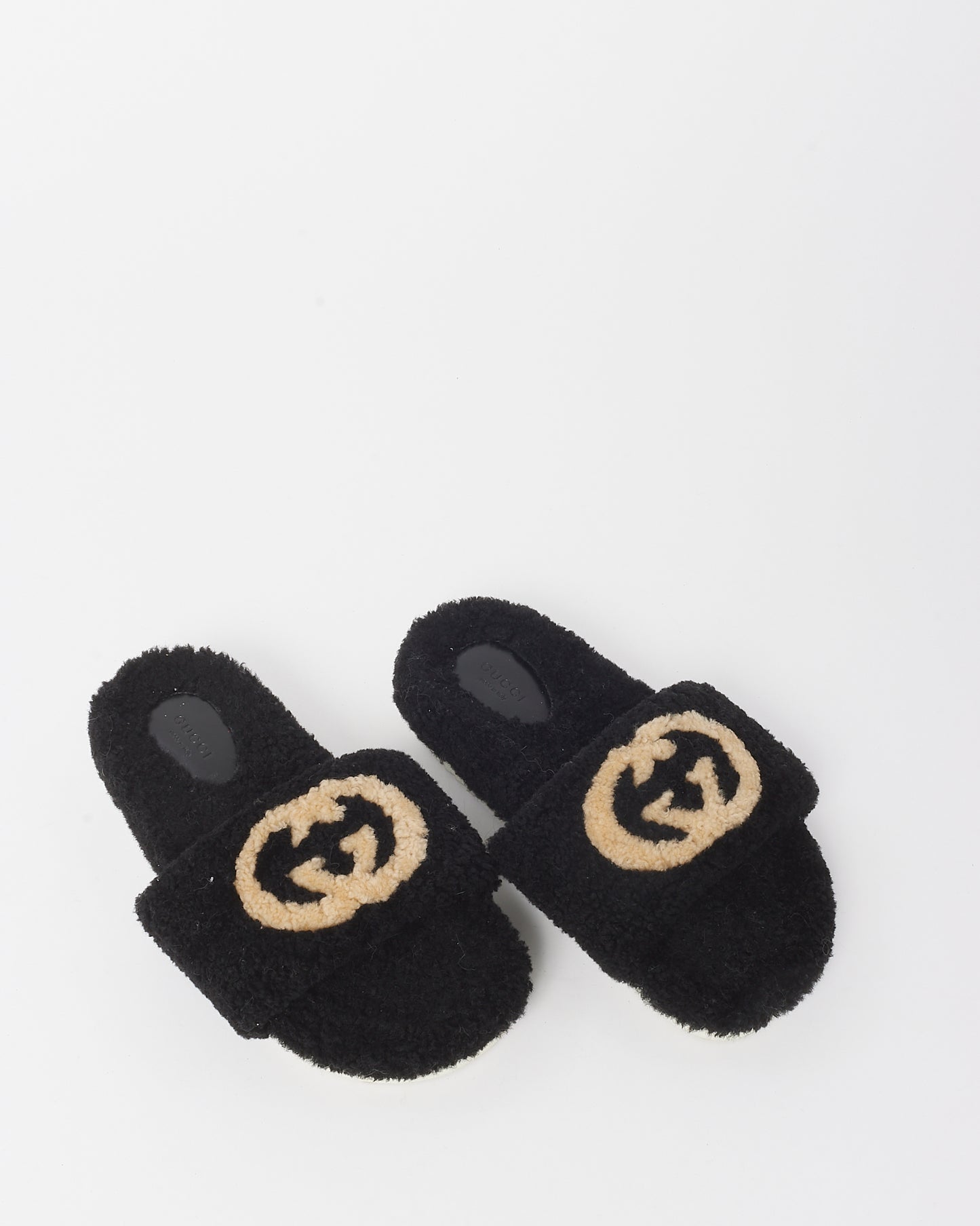 Gucci Black and White Logo Teddy Shearling Eileen Slide Sandals - 39