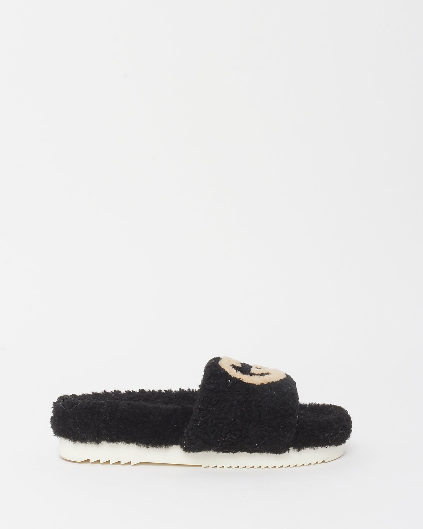 Gucci Black and White Logo Teddy Shearling Eileen Slide Sandals - 39
