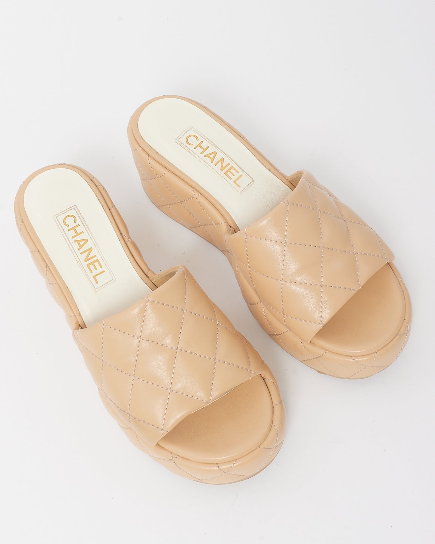 Chanel Beige Quilted Leather Interlocking CC Logo Platform Mule Sandals - 40
