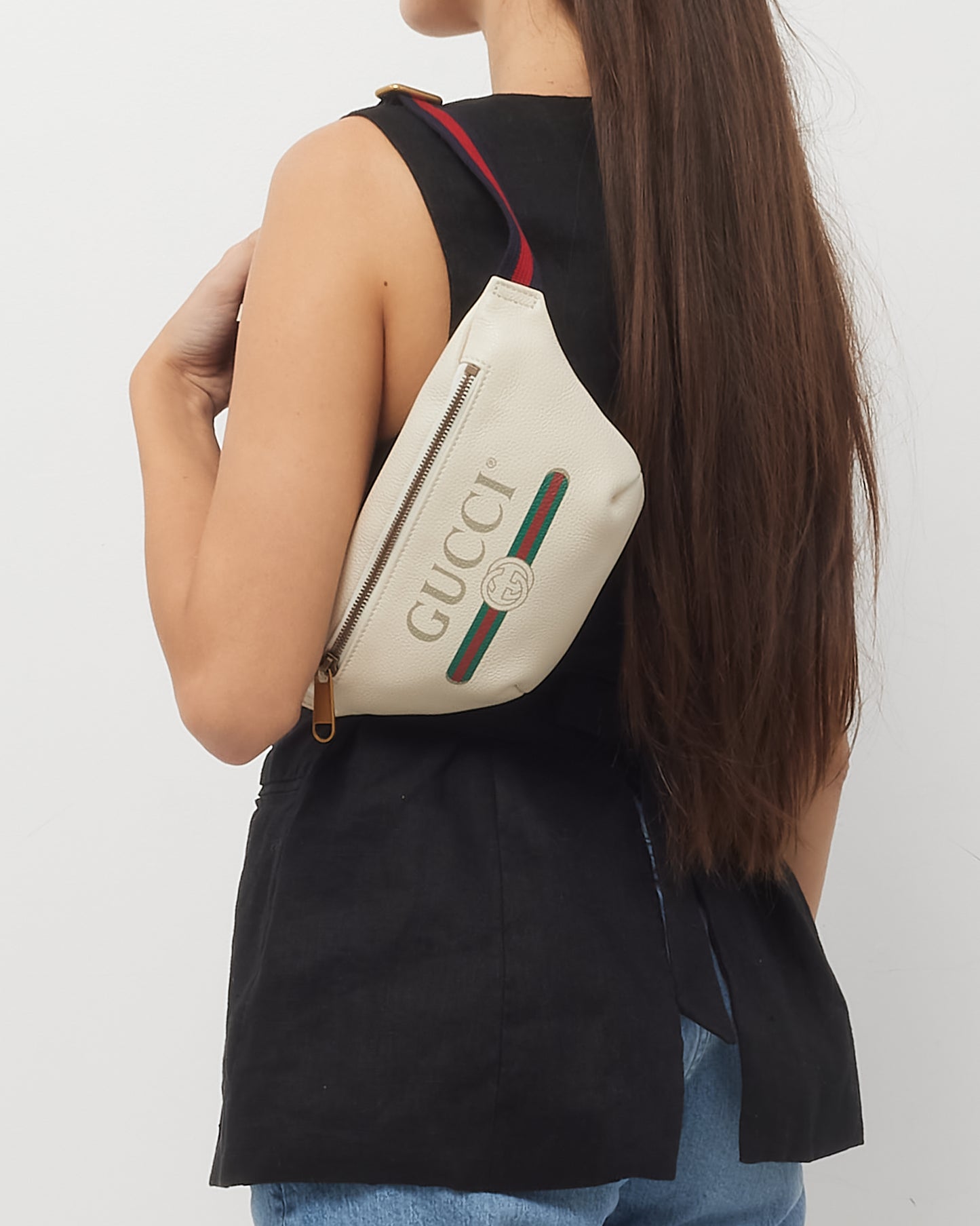 Gucci White Leather Web Logo Small Belt Bag