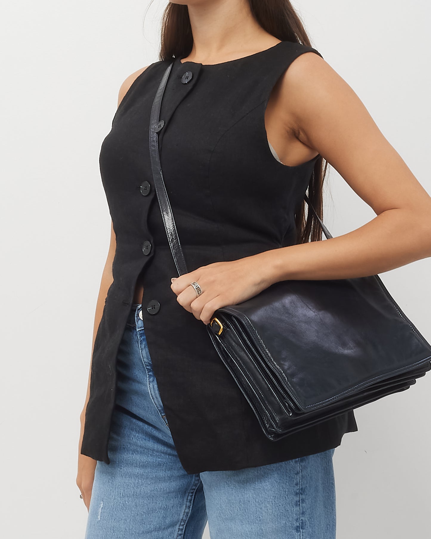 Bottega Veneta Vintage Black Glazed Calfskin Flap Crossbody Bag