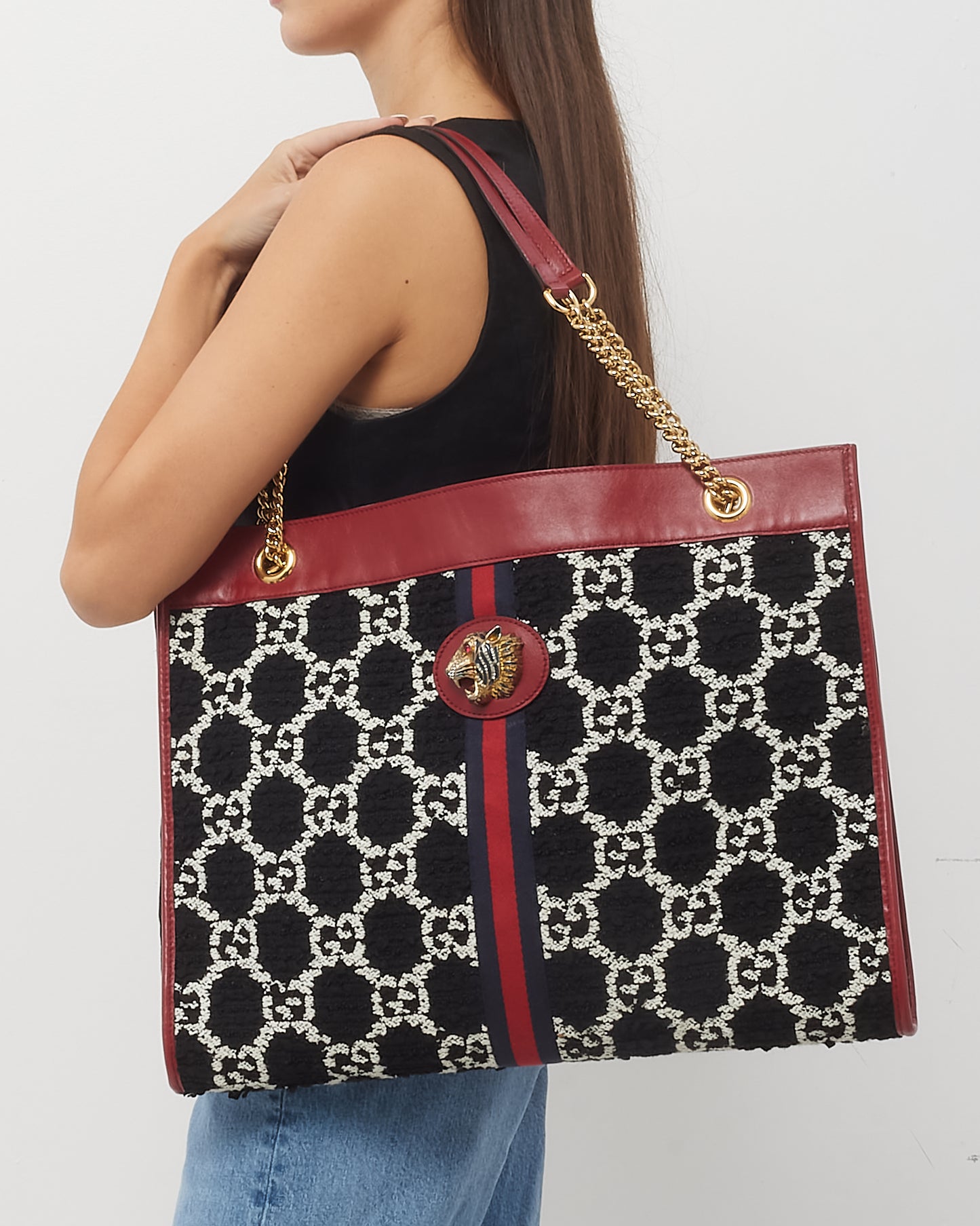 Gucci Red Leather and Black GG Tweed Large Linea Rajah Tote Bag