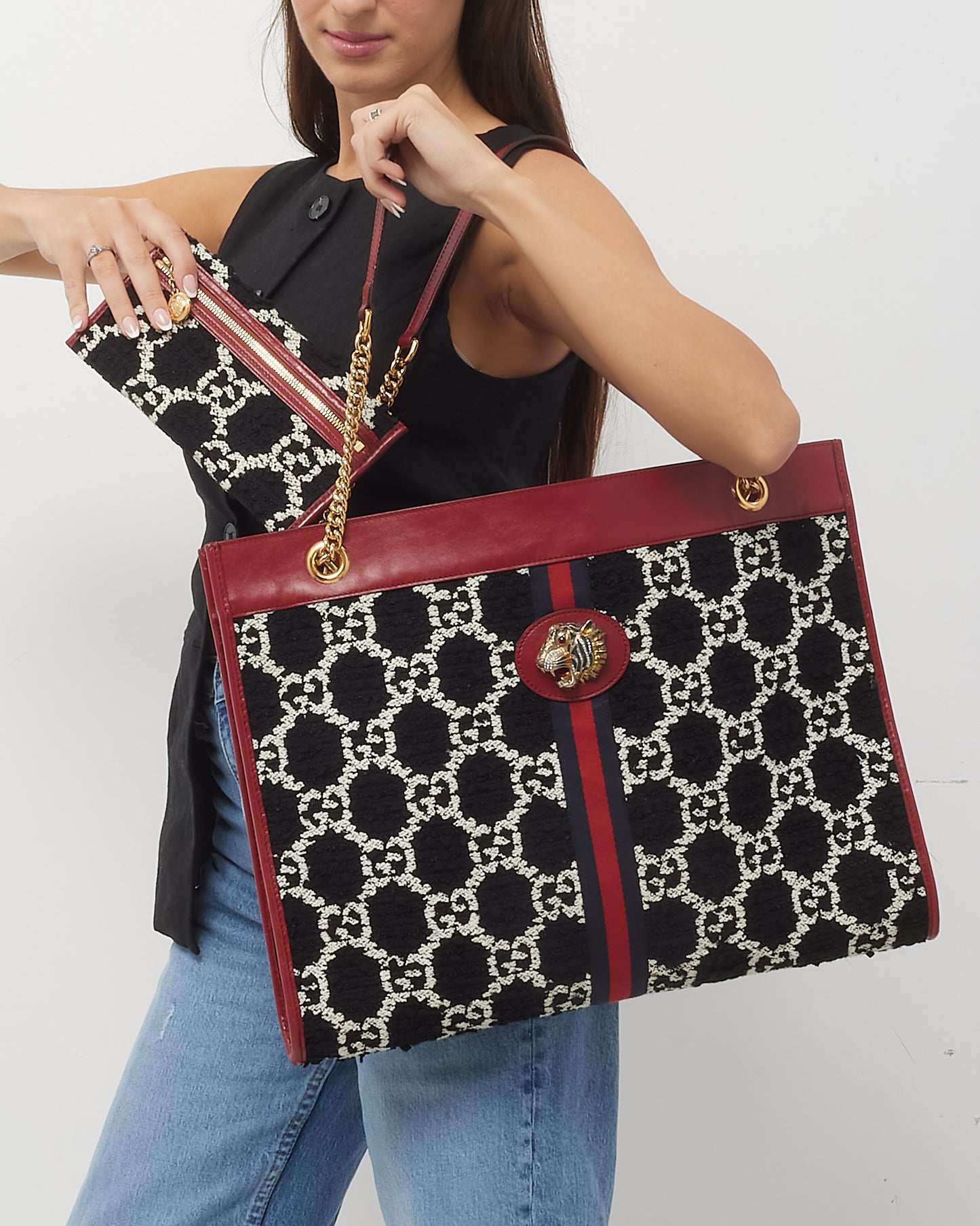 Gucci Red Leather and Black GG Tweed Large Linea Rajah Tote Bag