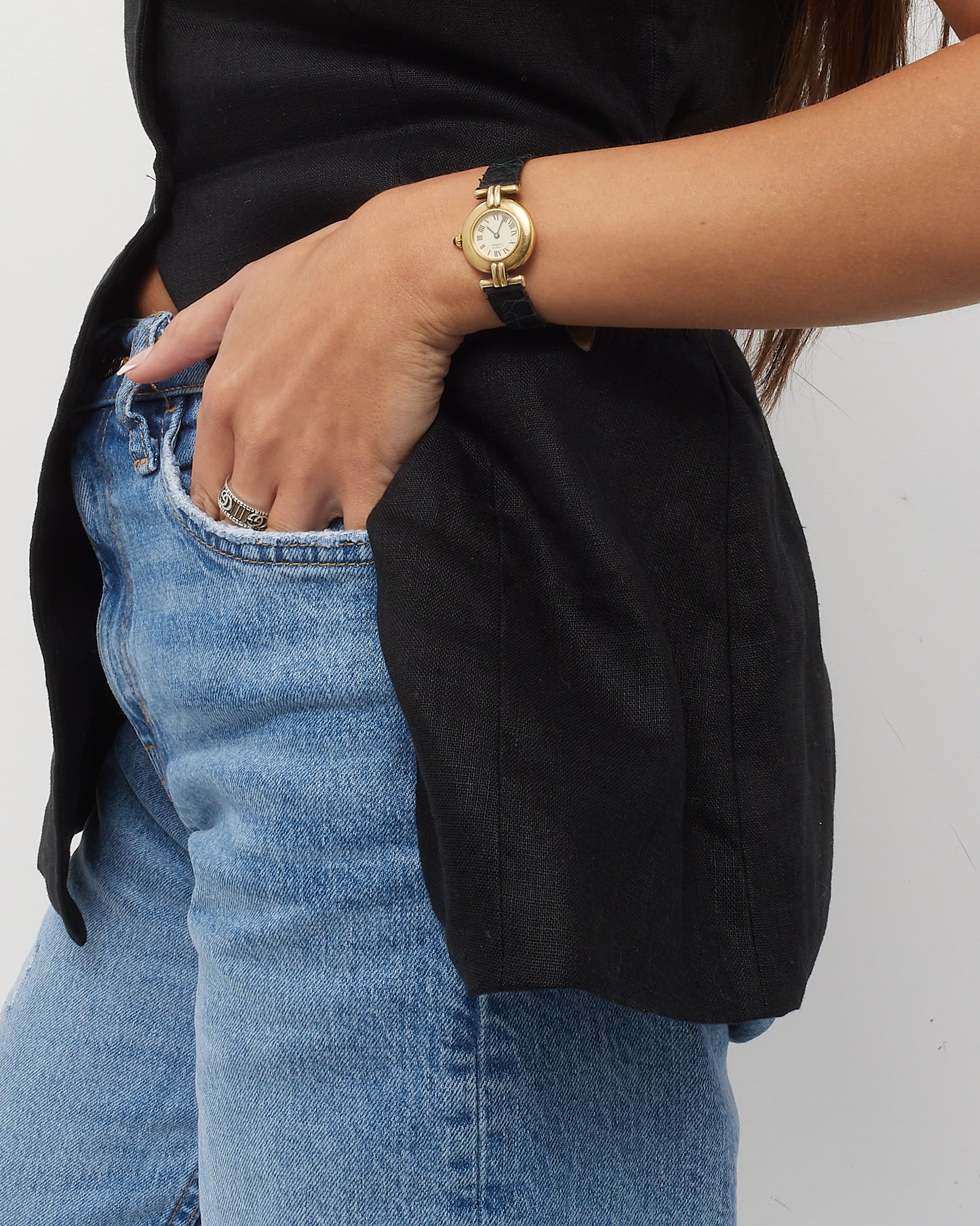 Cartier Vintage Must Gold Vermeil Black Croc Embossed Leather Colisée Watch