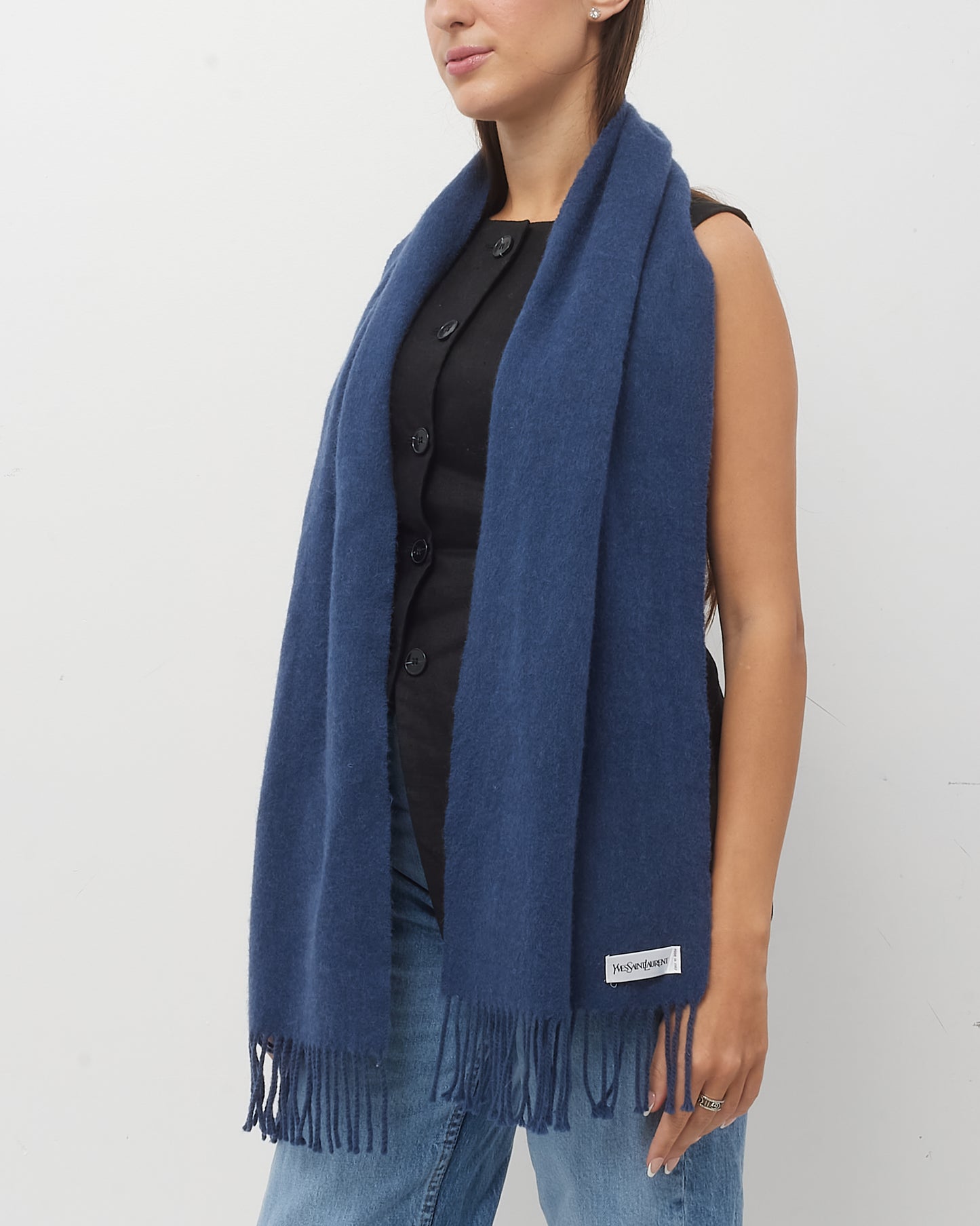 Saint Laurent Blue Cashmere Jacquard Logo Fringe Signature Scarf