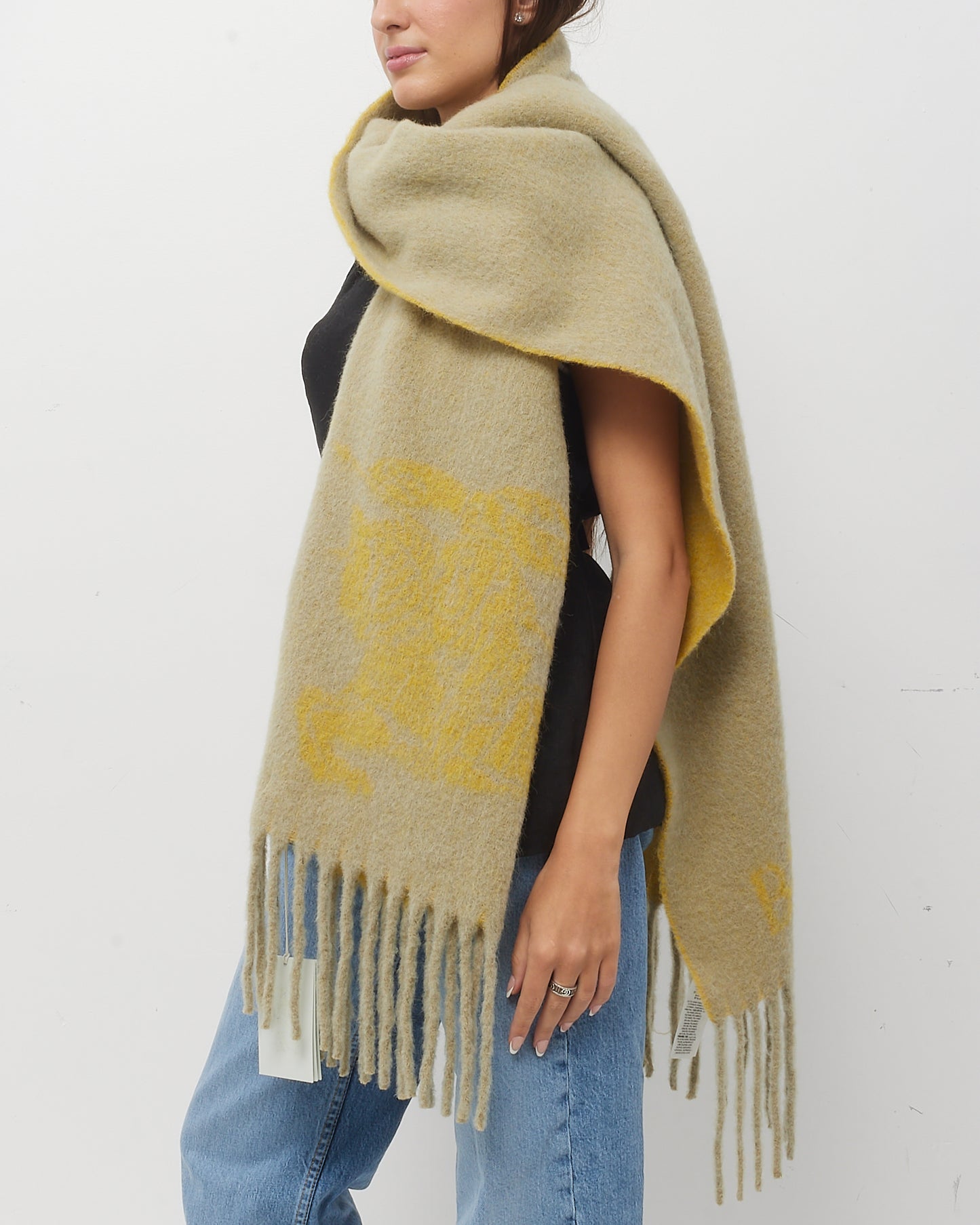 Burberry Sage Green and Mustard Yellow Knight EKD Logo Alpaca Wool Reversible Scarf