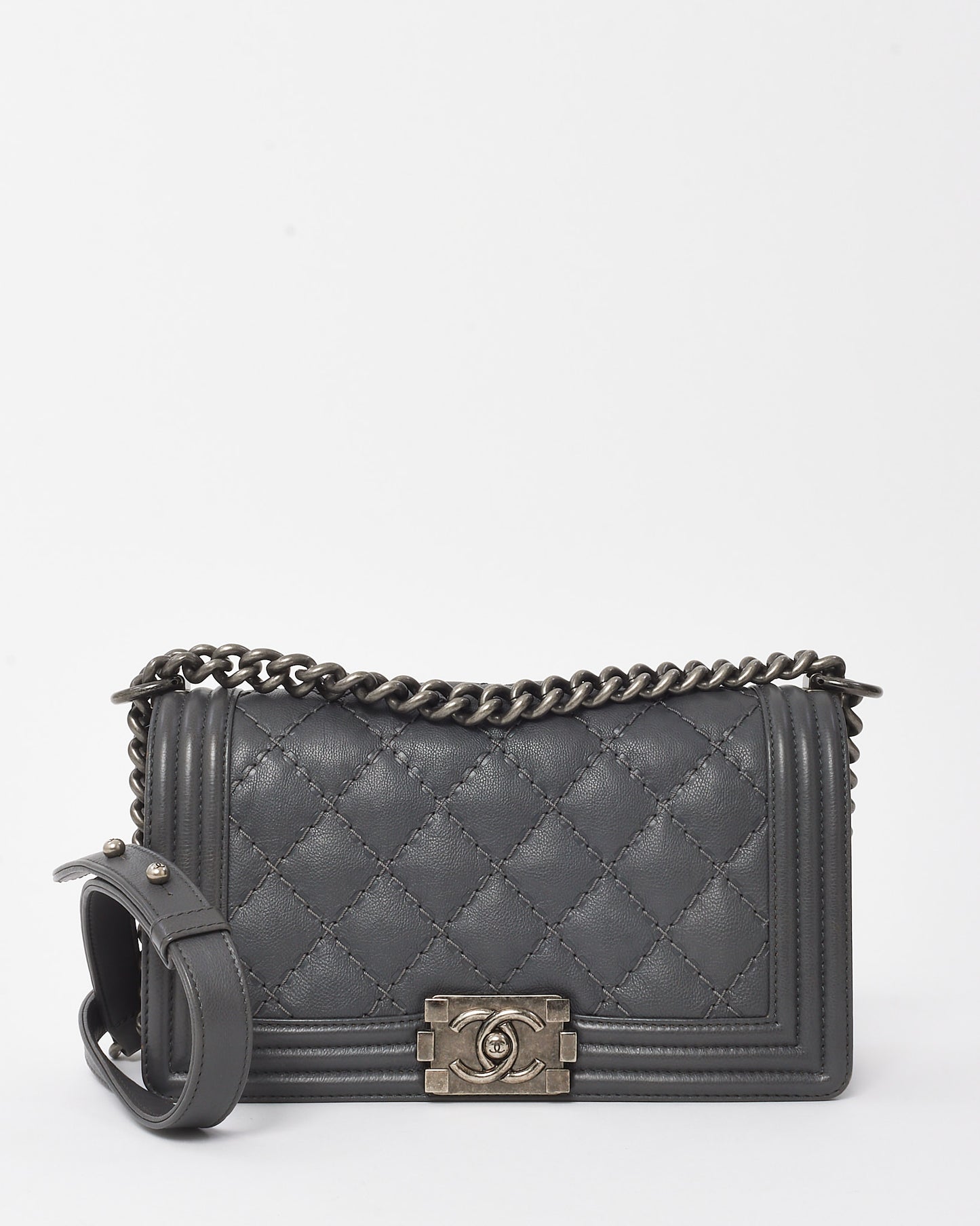 Chanel Dark Grey Quilted Caviar Leather Old Medium Boy Bag