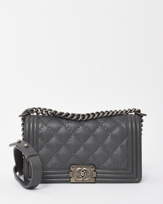 Chanel Dark Grey Quilted Caviar Leather Old Medium Boy Bag