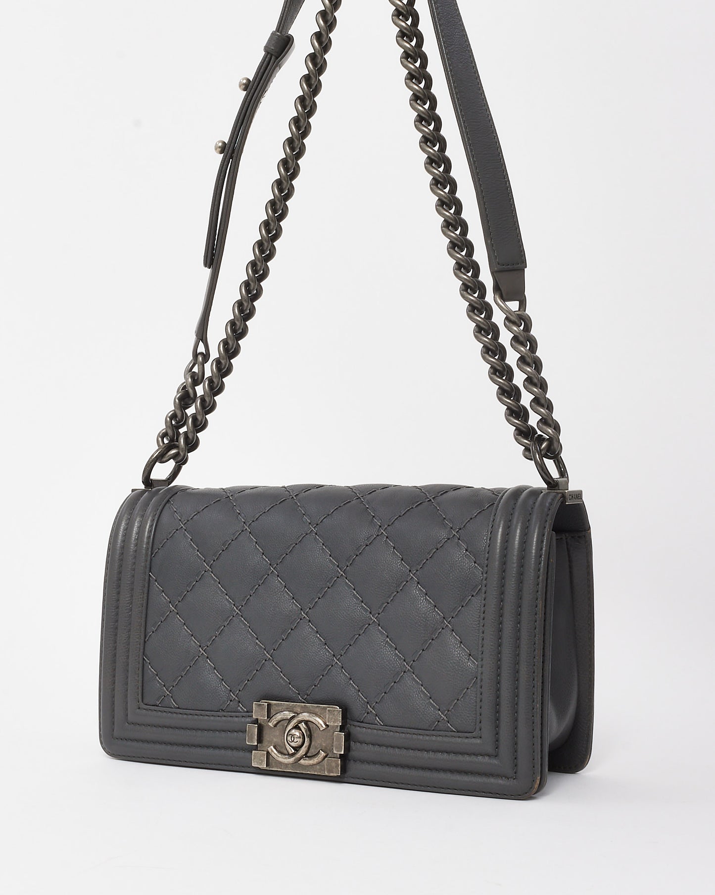 Chanel Dark Grey Quilted Caviar Leather Old Medium Boy Bag