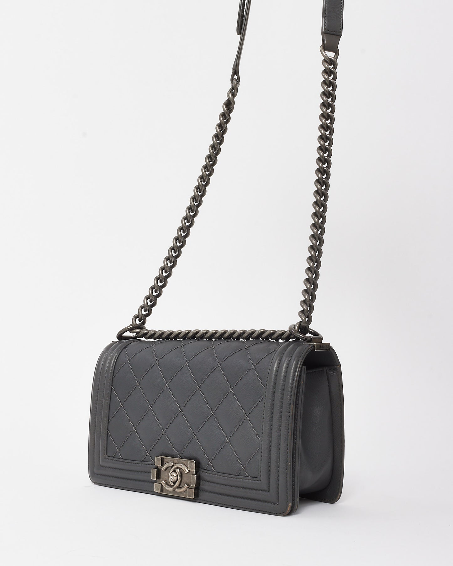 Chanel Dark Grey Quilted Caviar Leather Old Medium Boy Bag