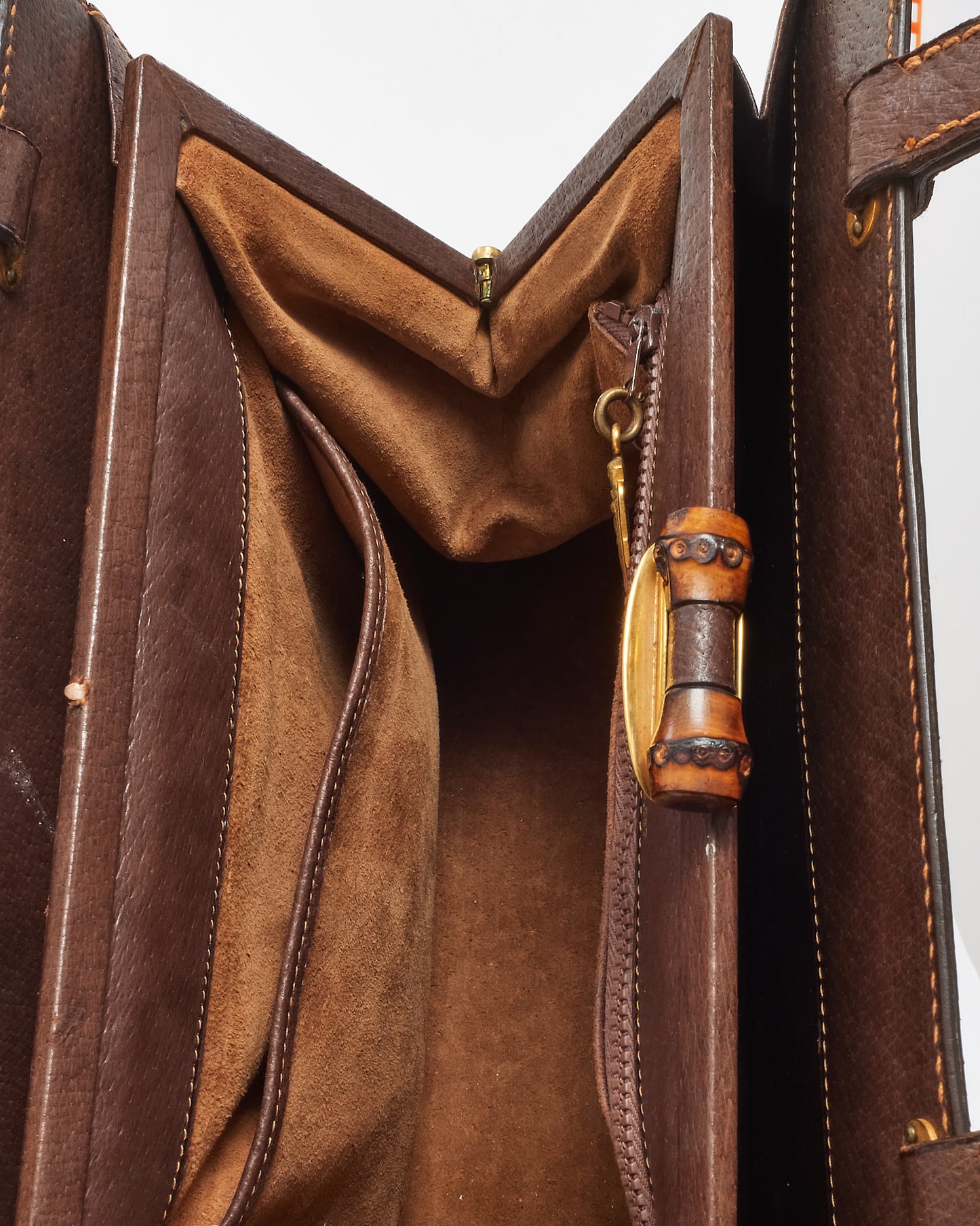 Gucci Vintage Brown Leather Bamboo Detail Top Handle Bag