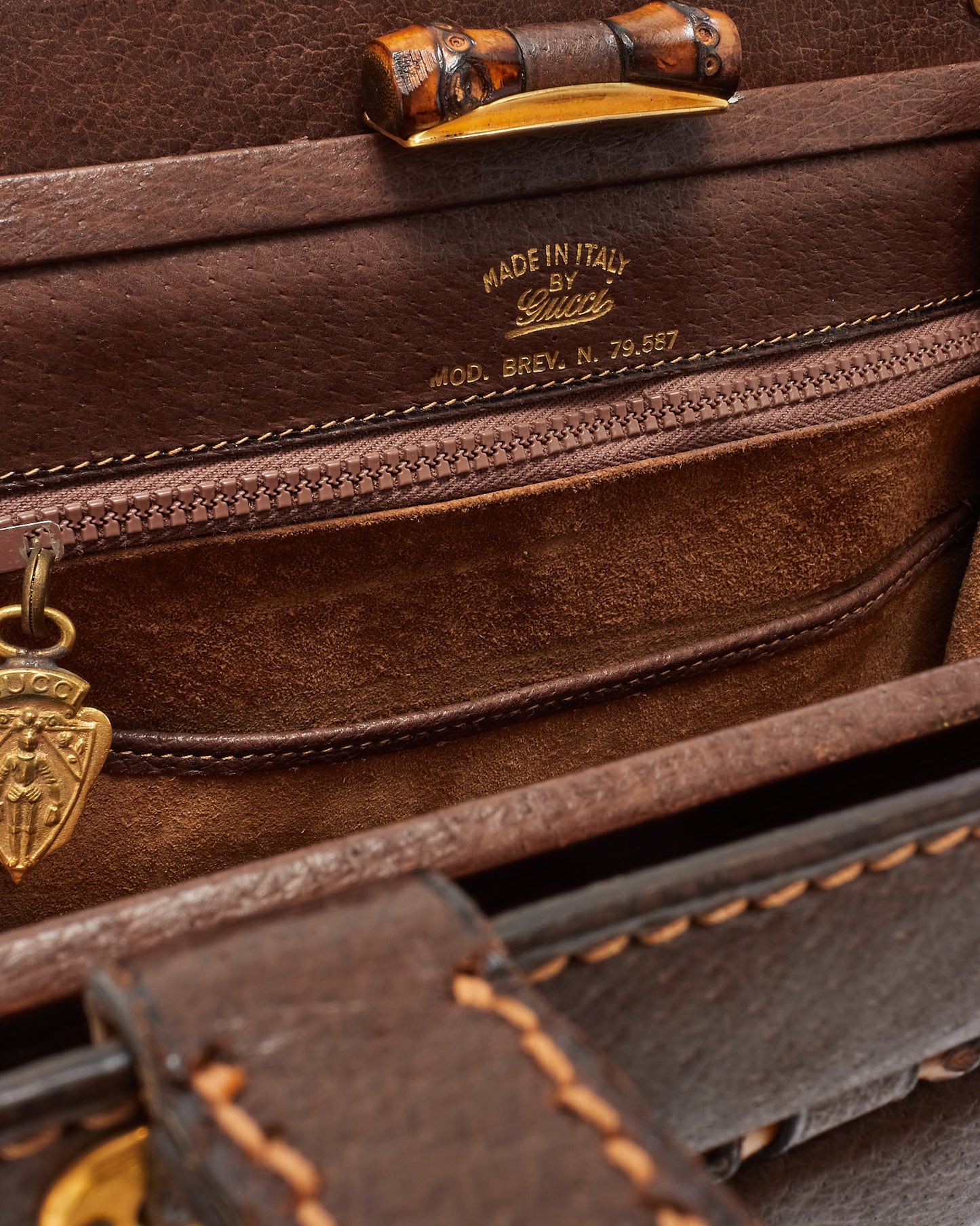 Gucci Vintage Brown Leather Bamboo Detail Top Handle Bag