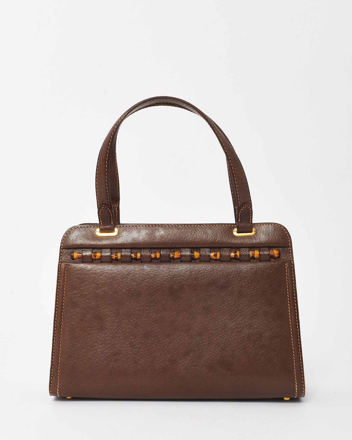 Gucci Vintage Brown Leather Bamboo Detail Top Handle Bag