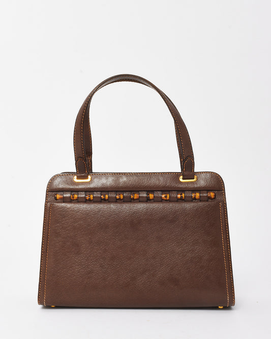 Gucci Vintage Brown Leather Bamboo Detail Top Handle Bag