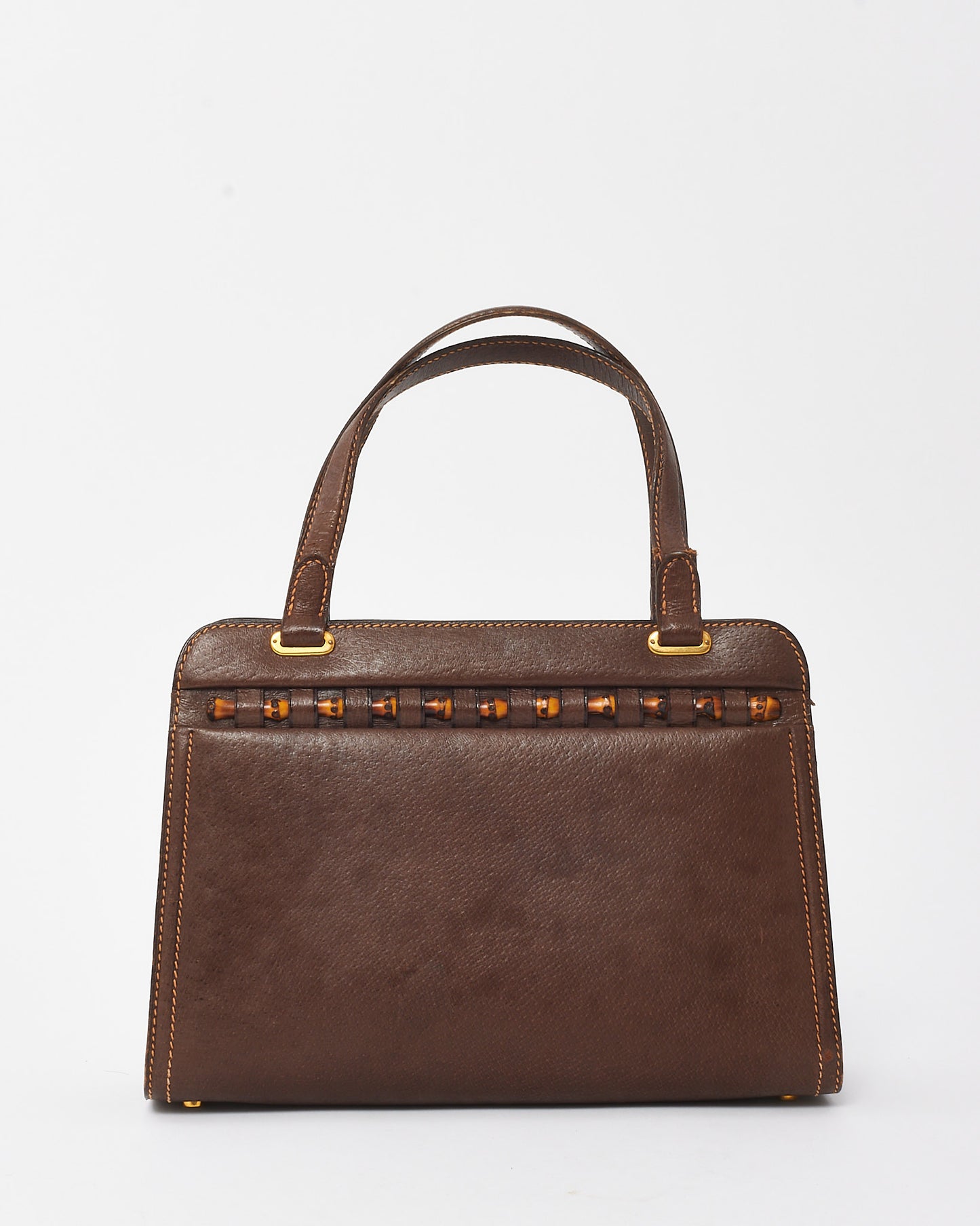 Gucci Vintage Brown Leather Bamboo Detail Top Handle Bag