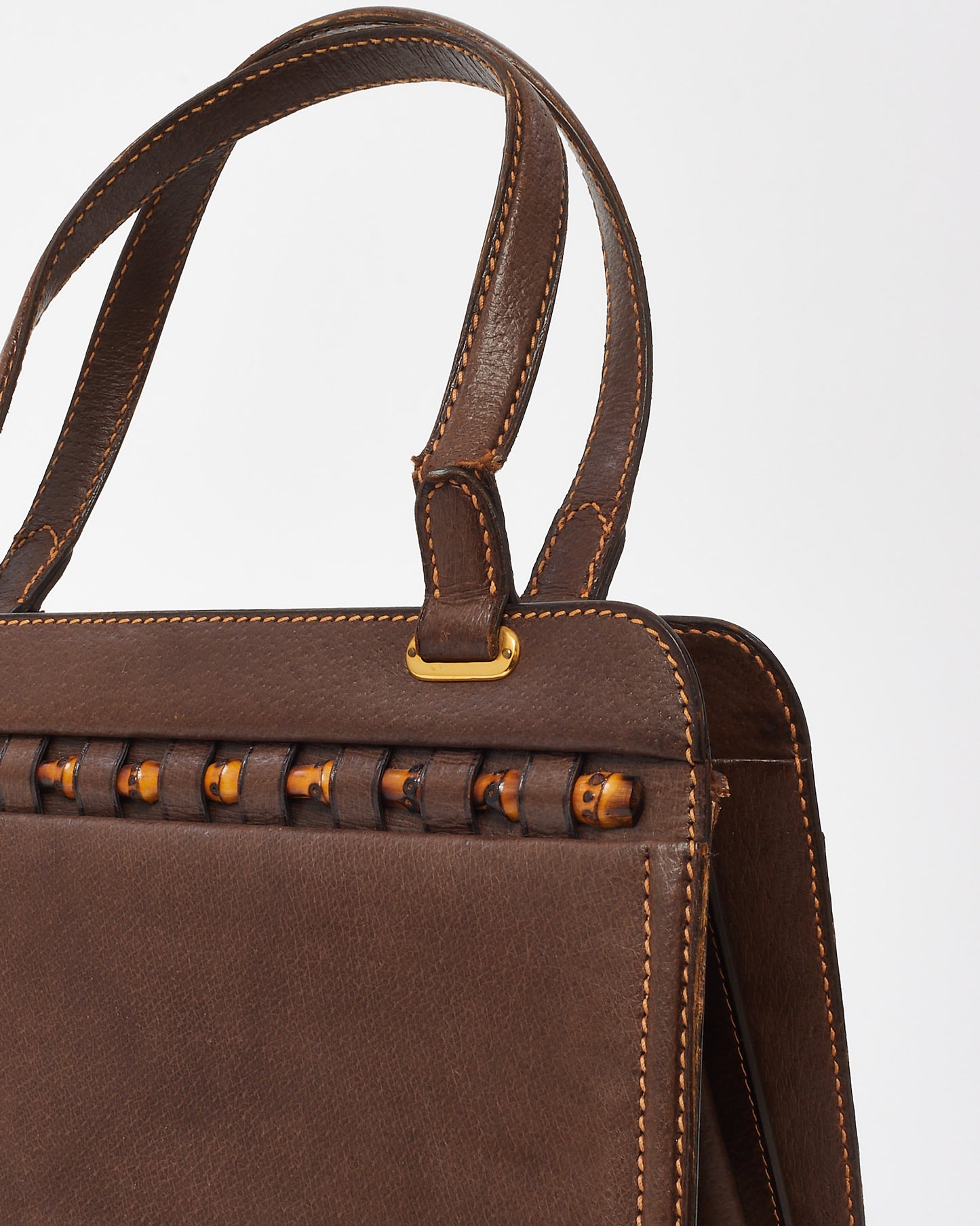 Gucci Vintage Brown Leather Bamboo Detail Top Handle Bag