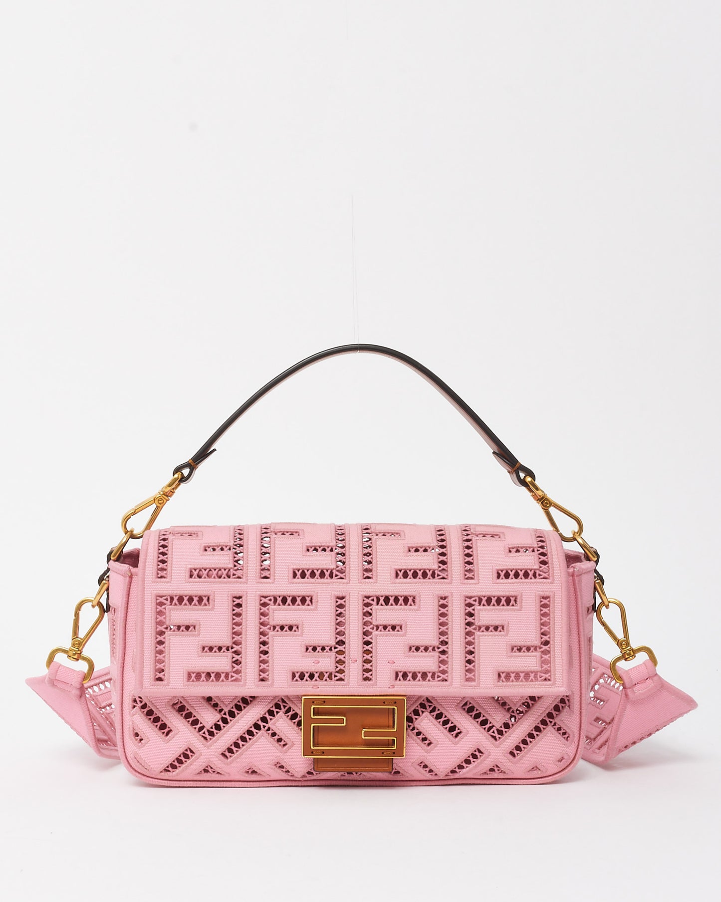 Fendi Pink Embroidered and Perforated Canvas Openwork FF Medium Baguette Bag with Strap