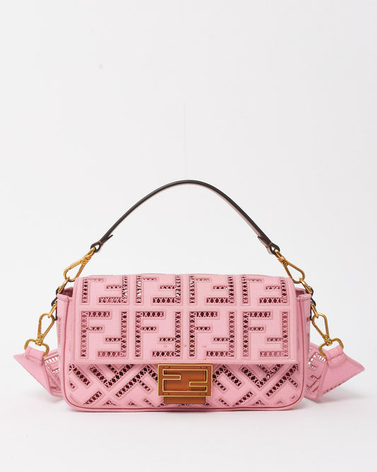 Fendi Pink Embroidered and Perforated Canvas Openwork FF Medium Baguette Bag with Strap