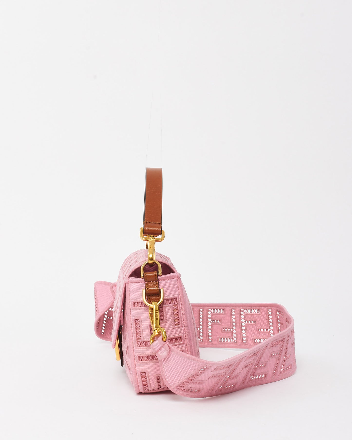 Fendi Pink Embroidered and Perforated Canvas Openwork FF Medium Baguette Bag with Strap