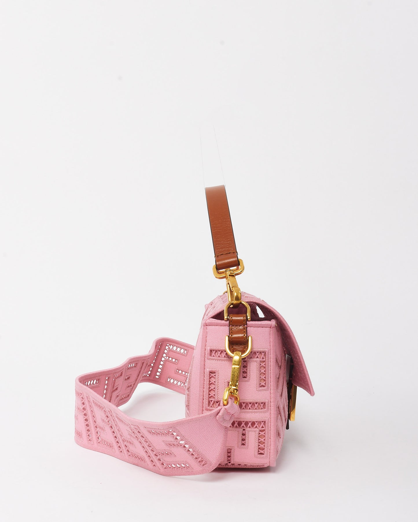 Fendi Pink Embroidered and Perforated Canvas Openwork FF Medium Baguette Bag with Strap