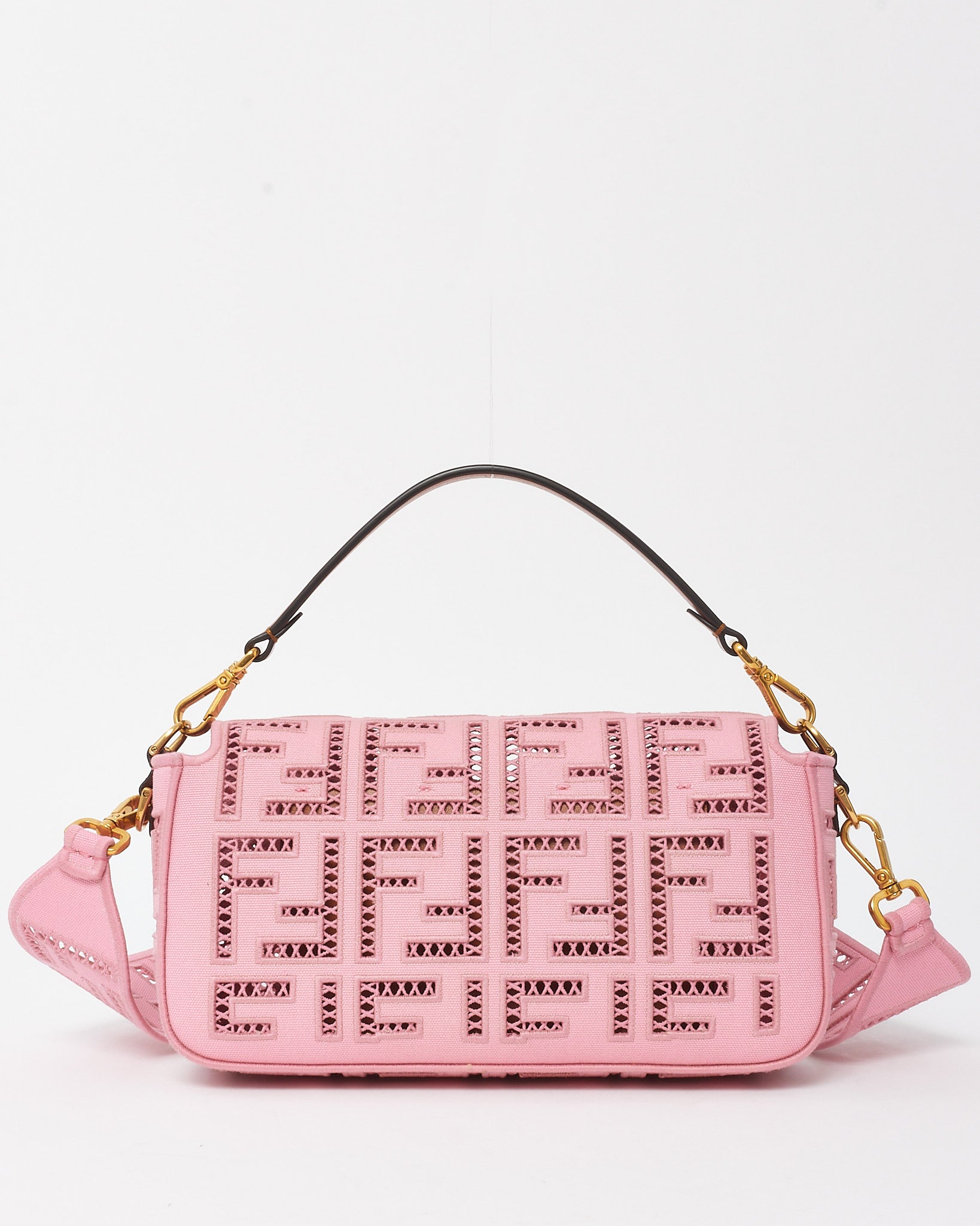 Buy Fendi Pink Embroidered and Perforated Canvas Openwork FF