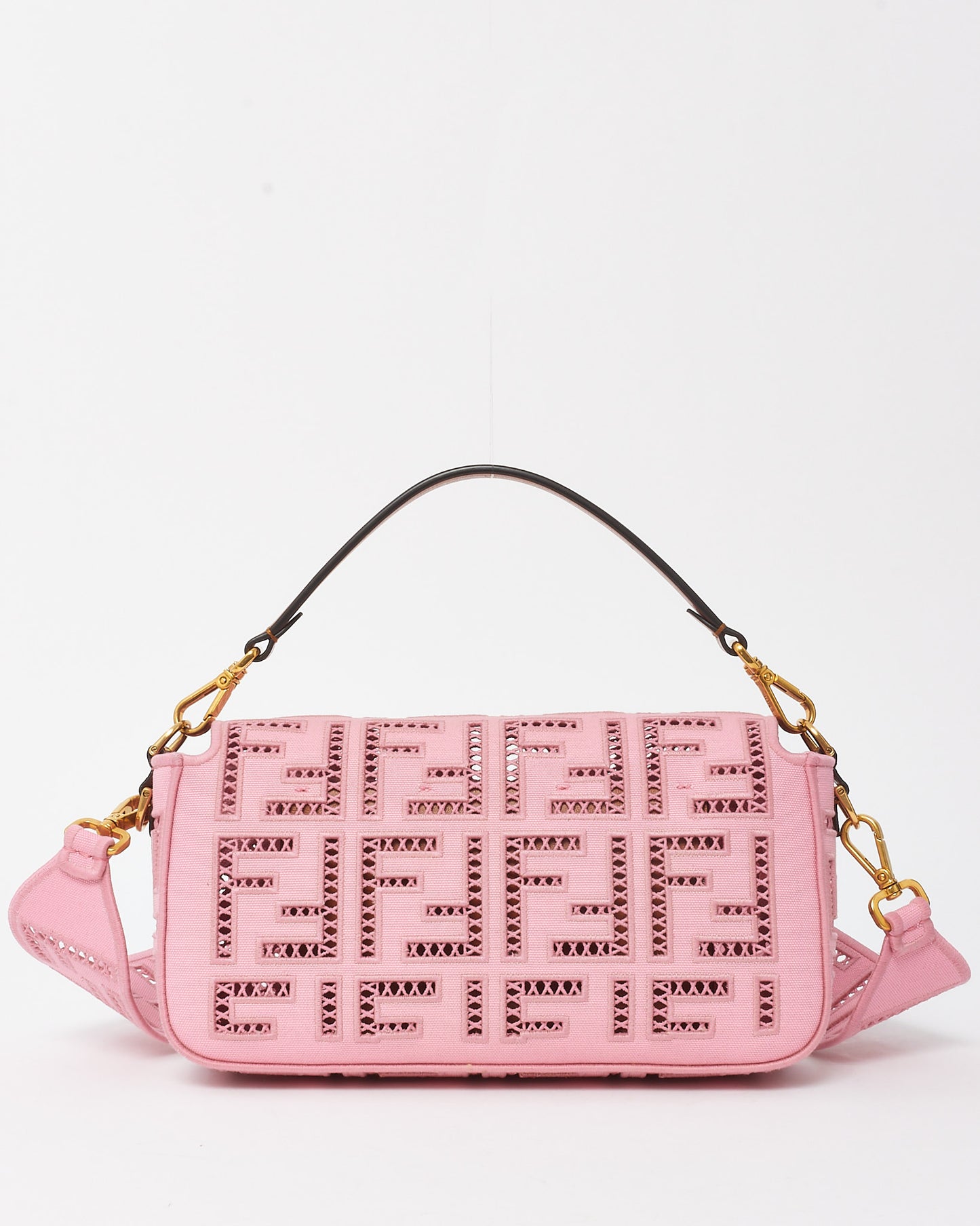 Fendi Pink Embroidered and Perforated Canvas Openwork FF Medium Baguette Bag with Strap