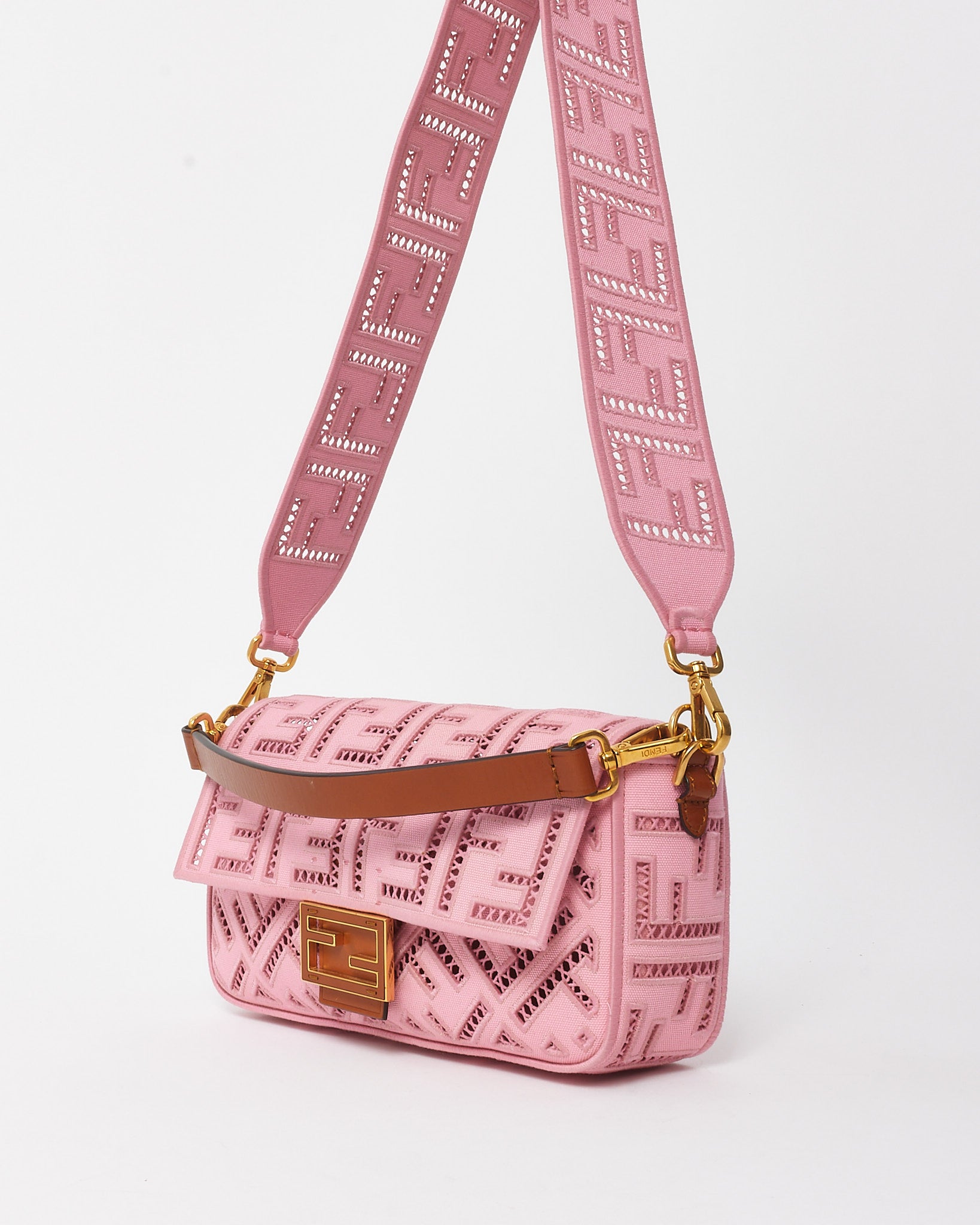Buy Fendi Pink Embroidered and Perforated Canvas Openwork FF