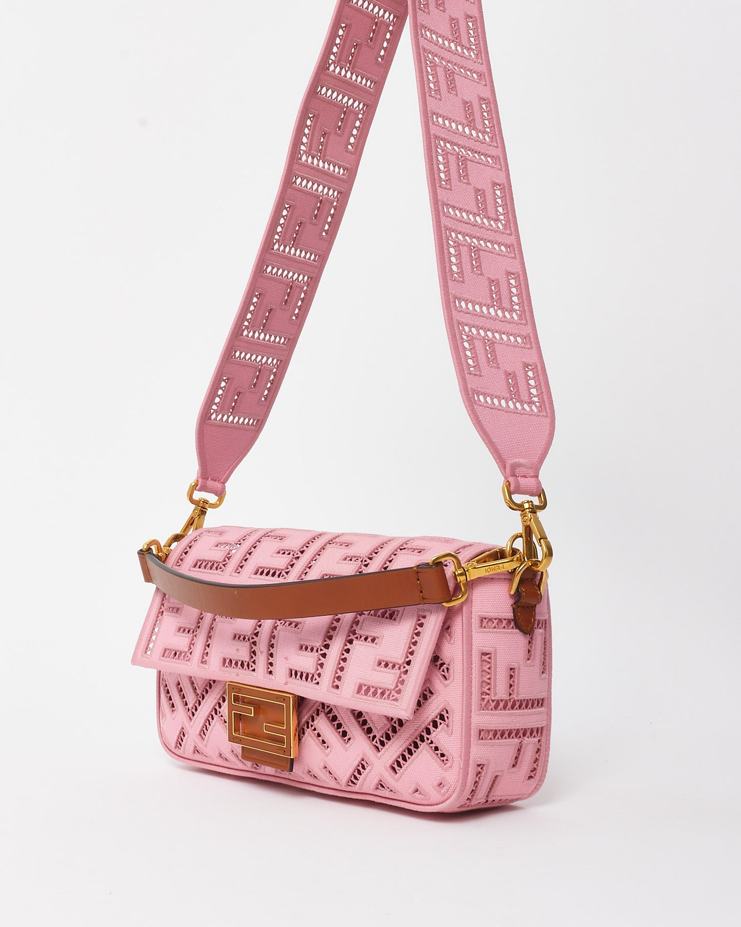 Fendi Pink Embroidered and Perforated Canvas Openwork FF Medium Baguette Bag with Strap