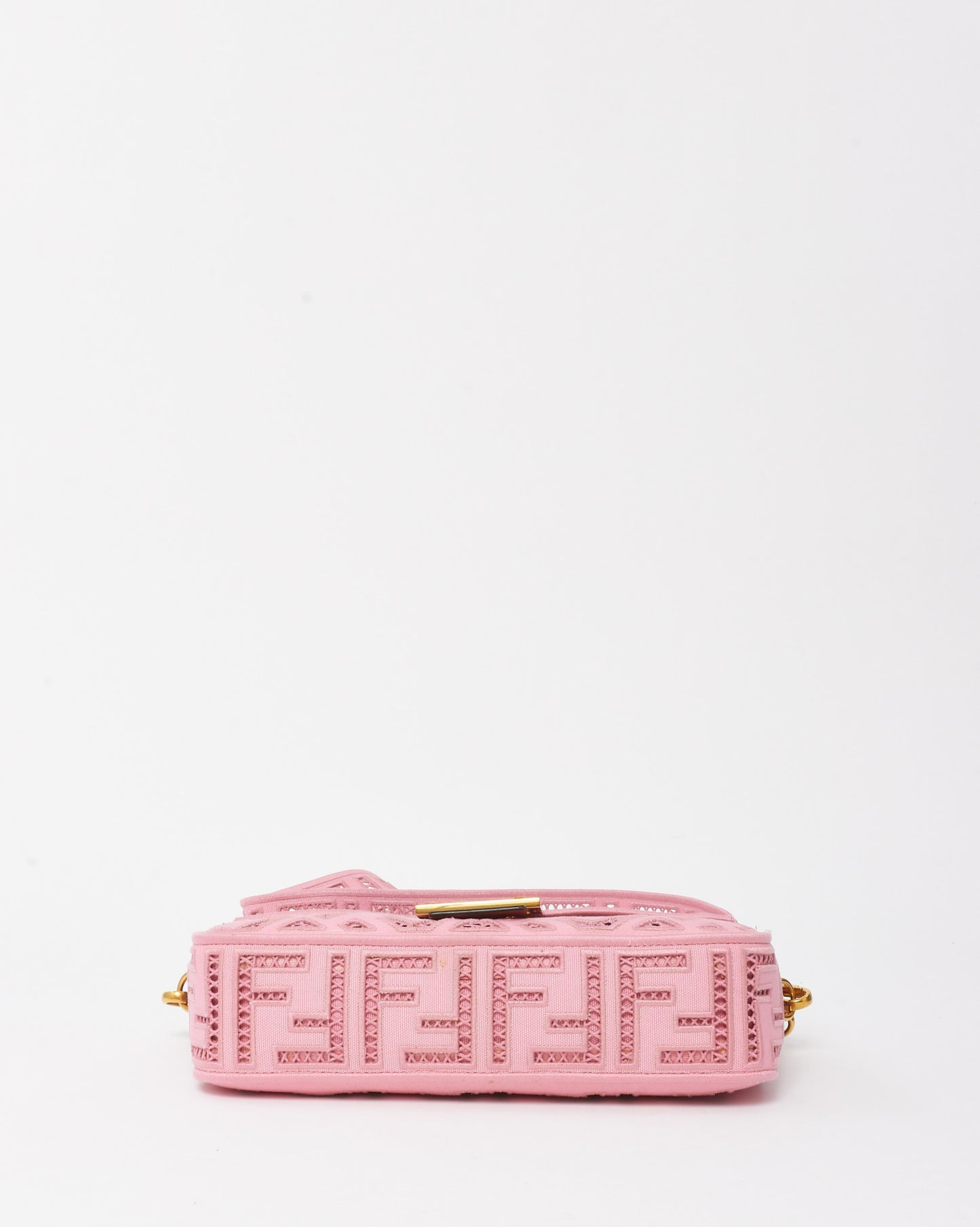 Fendi Pink Embroidered and Perforated Canvas Openwork FF Medium Baguette Bag with Strap